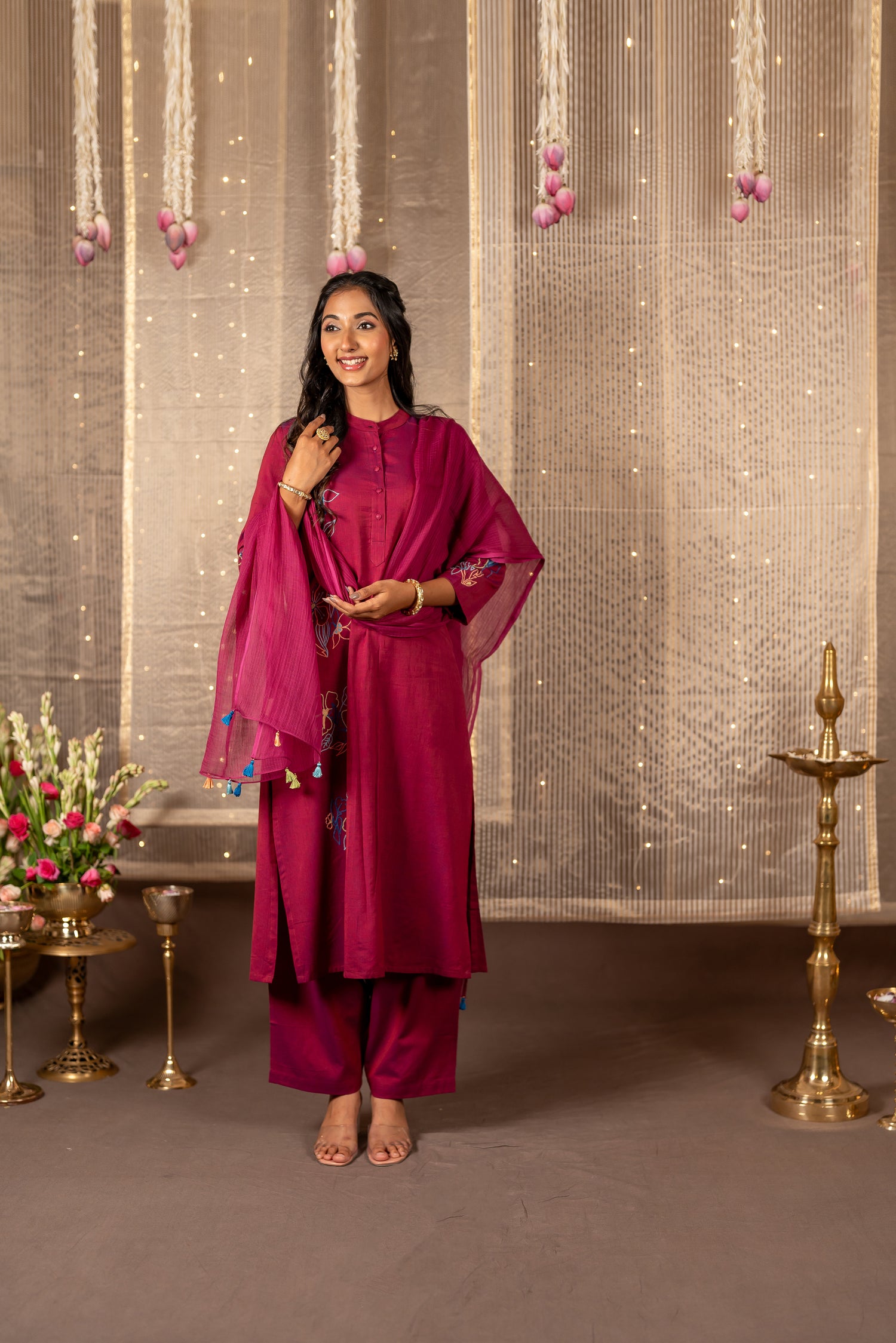 Ray Ethnic The Ira Magenta Cotton Set of Two with Hand Embroidery