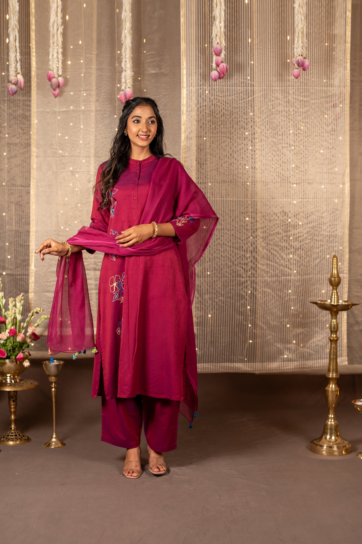 Ray Ethnic The Ira Magenta Cotton Set of Two with Hand Embroidery