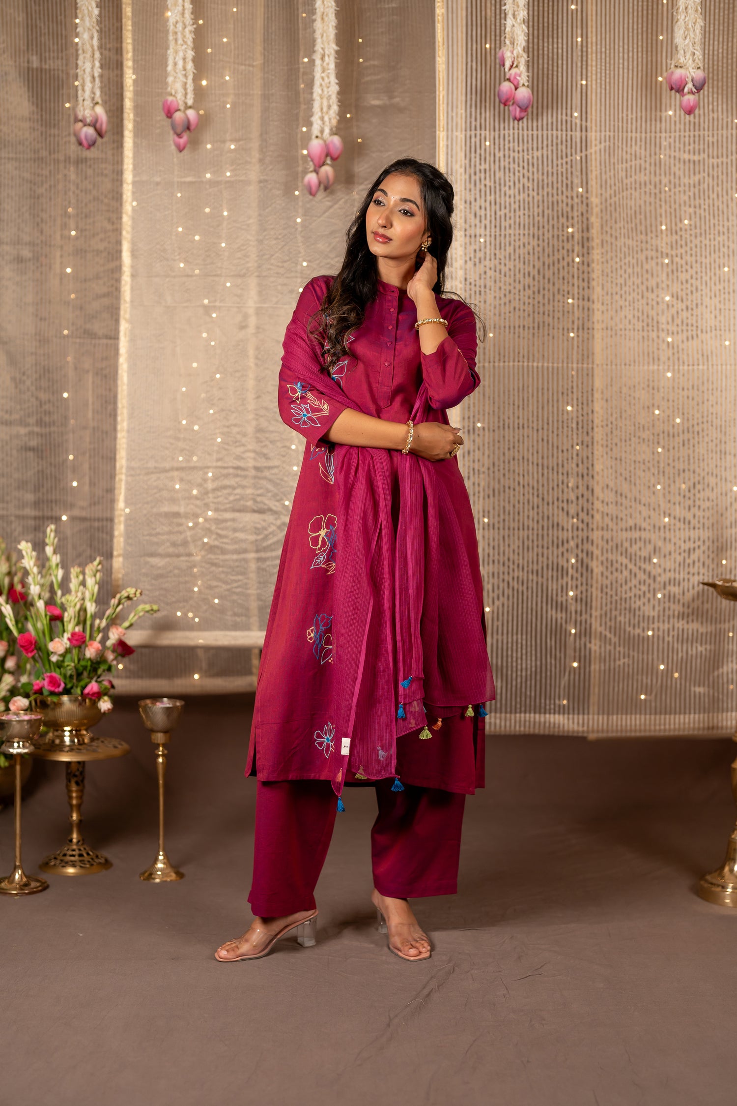 Ray Ethnic The Ira Magenta Cotton Set of Two with Hand Embroidery
