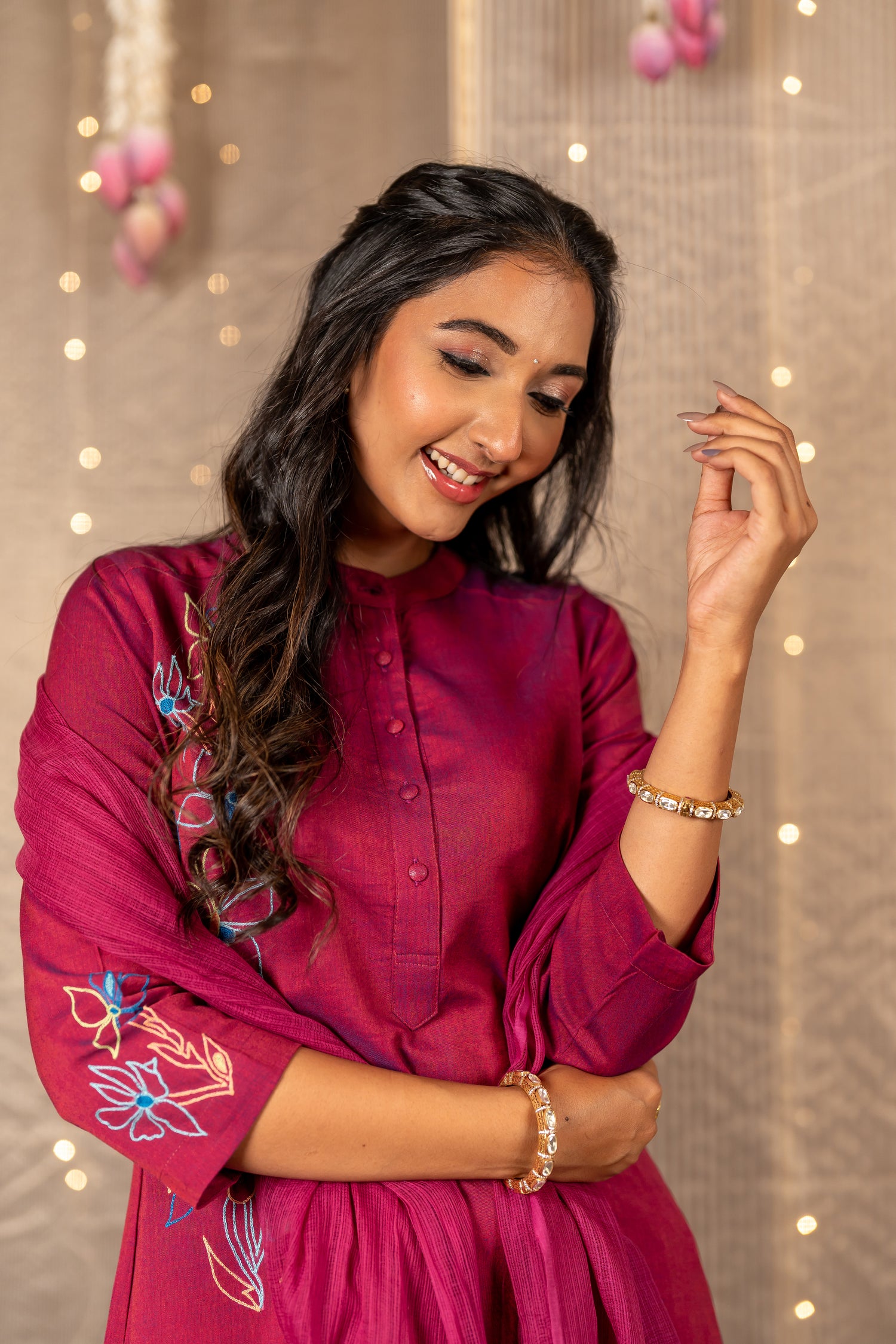 Ray Ethnic The Ira Magenta Cotton Set of Two with Hand Embroidery