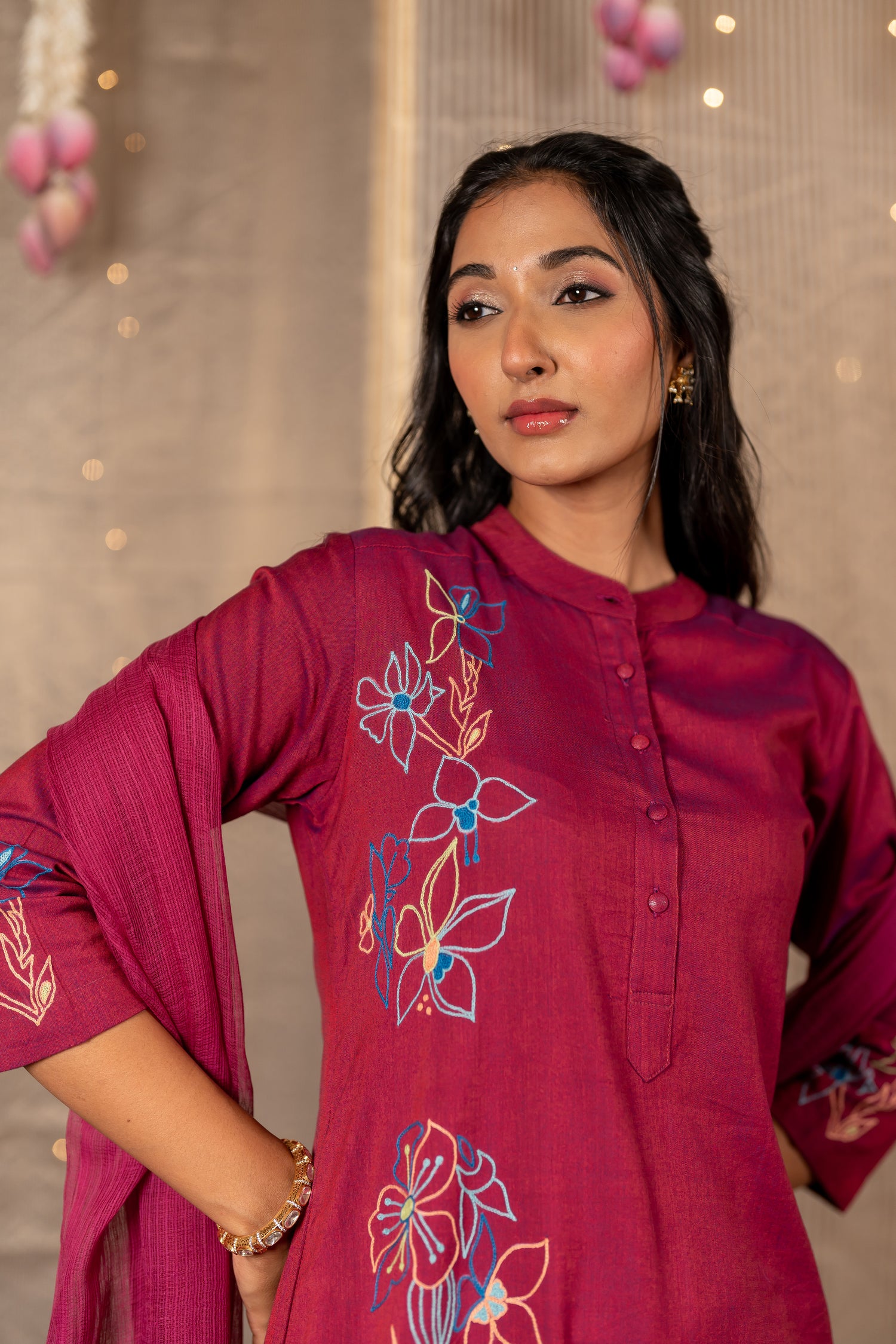 Ray Ethnic The Ira Magenta Cotton Set of Two with Hand Embroidery