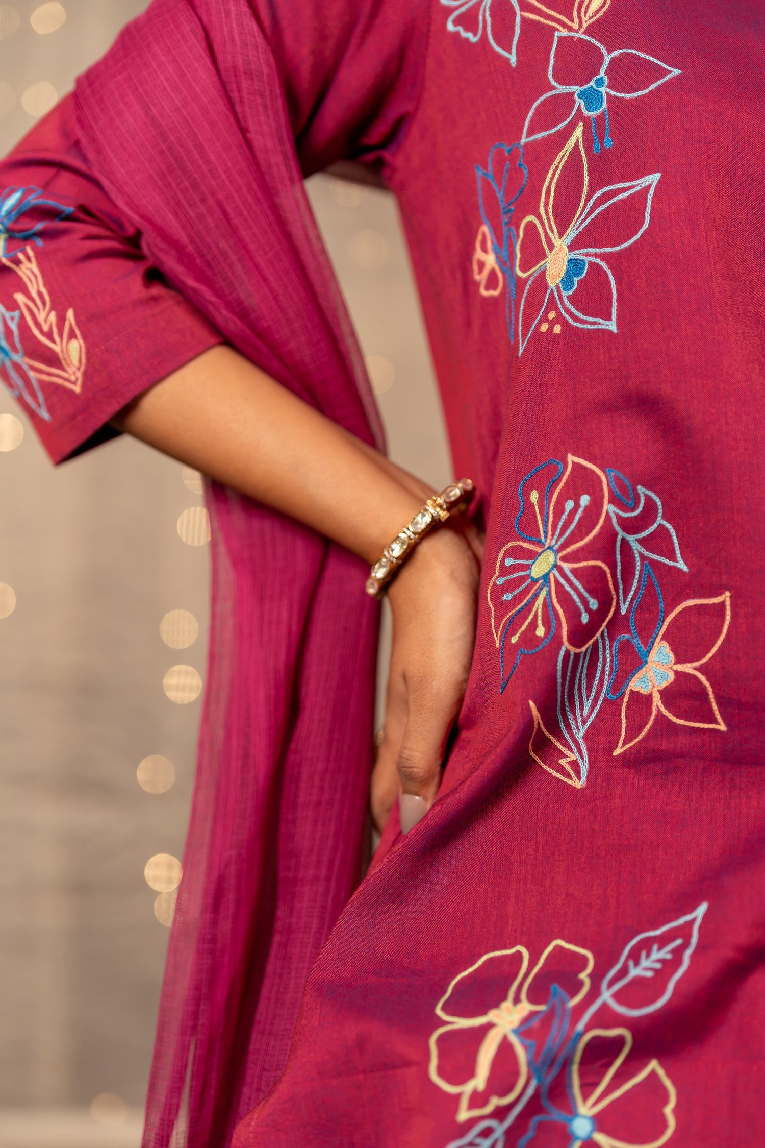 Ray Ethnic The Ira Magenta Cotton Set of Two with Hand Embroidery