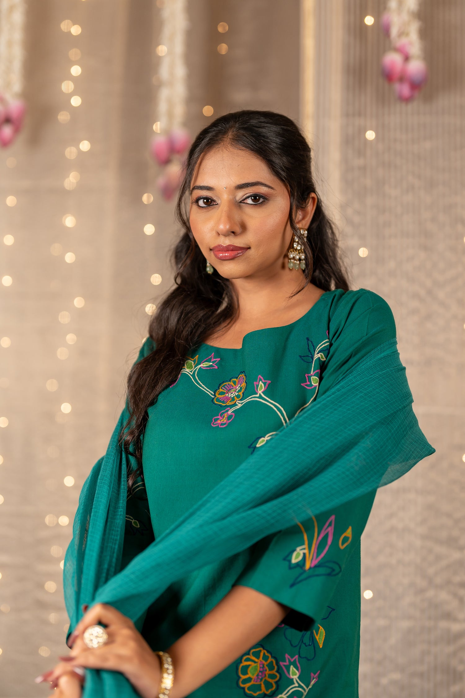 Ray Ethnic The Ira Green Cotton Set of Two with Hand Embroidery
