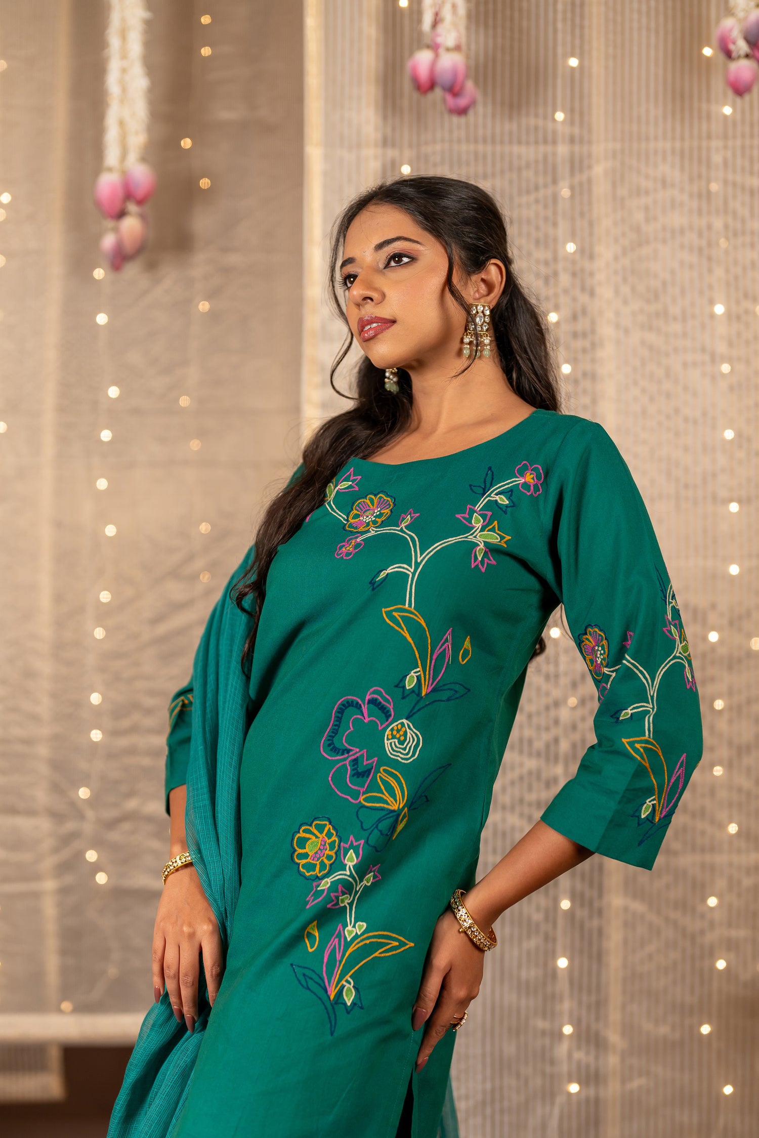 Ray Ethnic The Ira Green Cotton Set of Two with Hand Embroidery