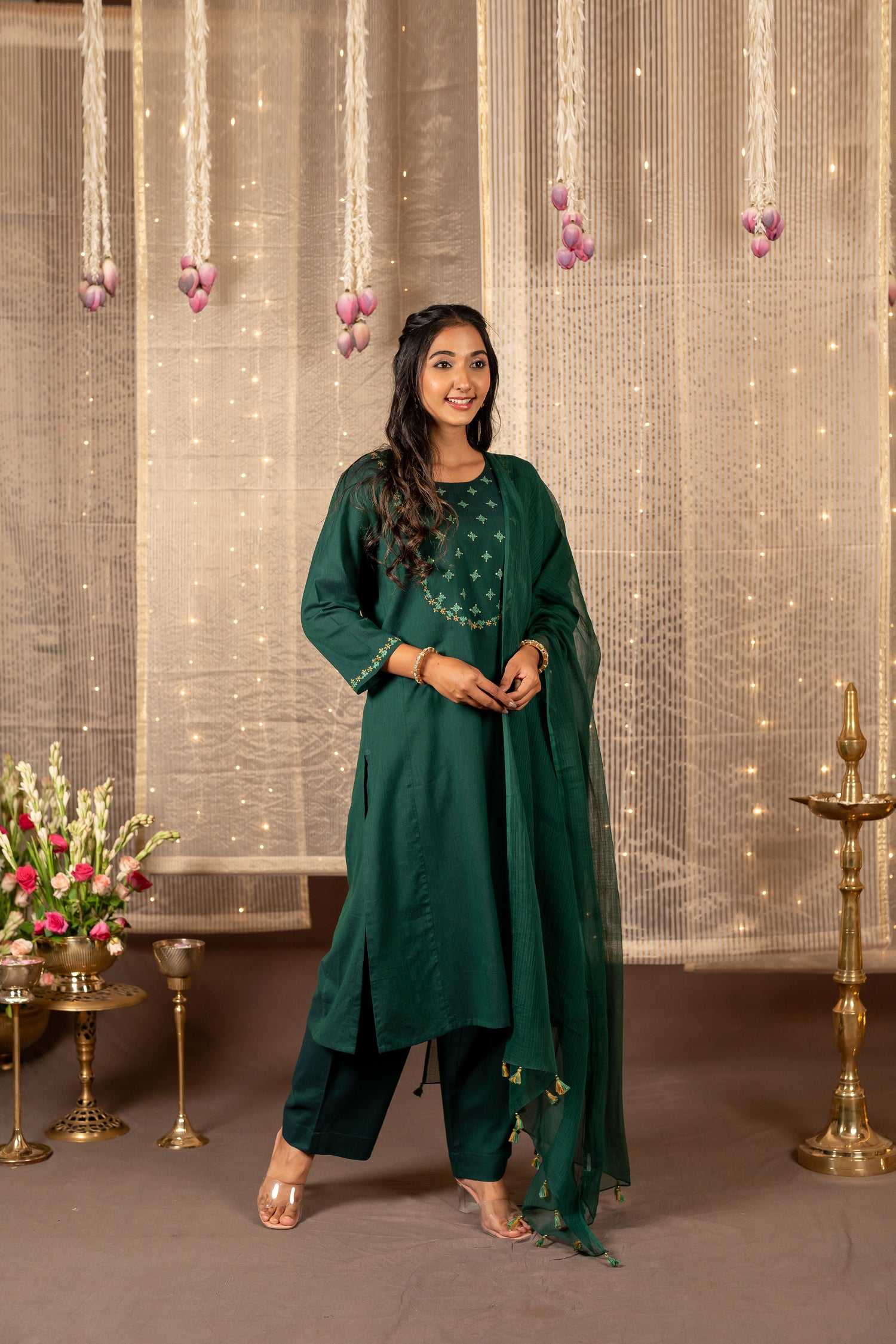 Ray Ethnic The Ira Dark Green Cotton Set of Two with Hand Embroidery