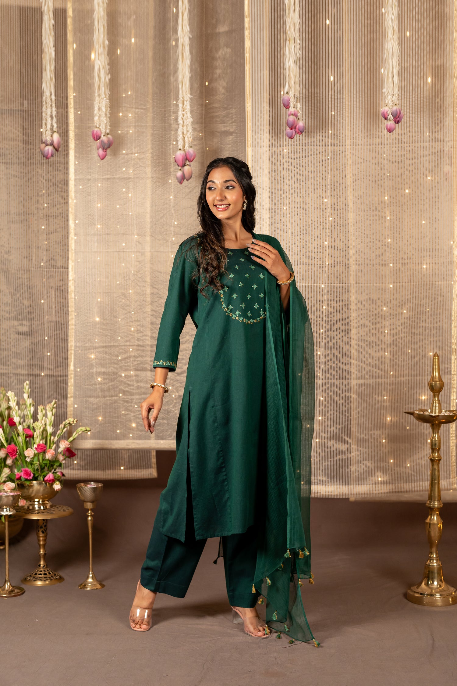 Ray Ethnic The Ira Dark Green Cotton Set of Two with Hand Embroidery