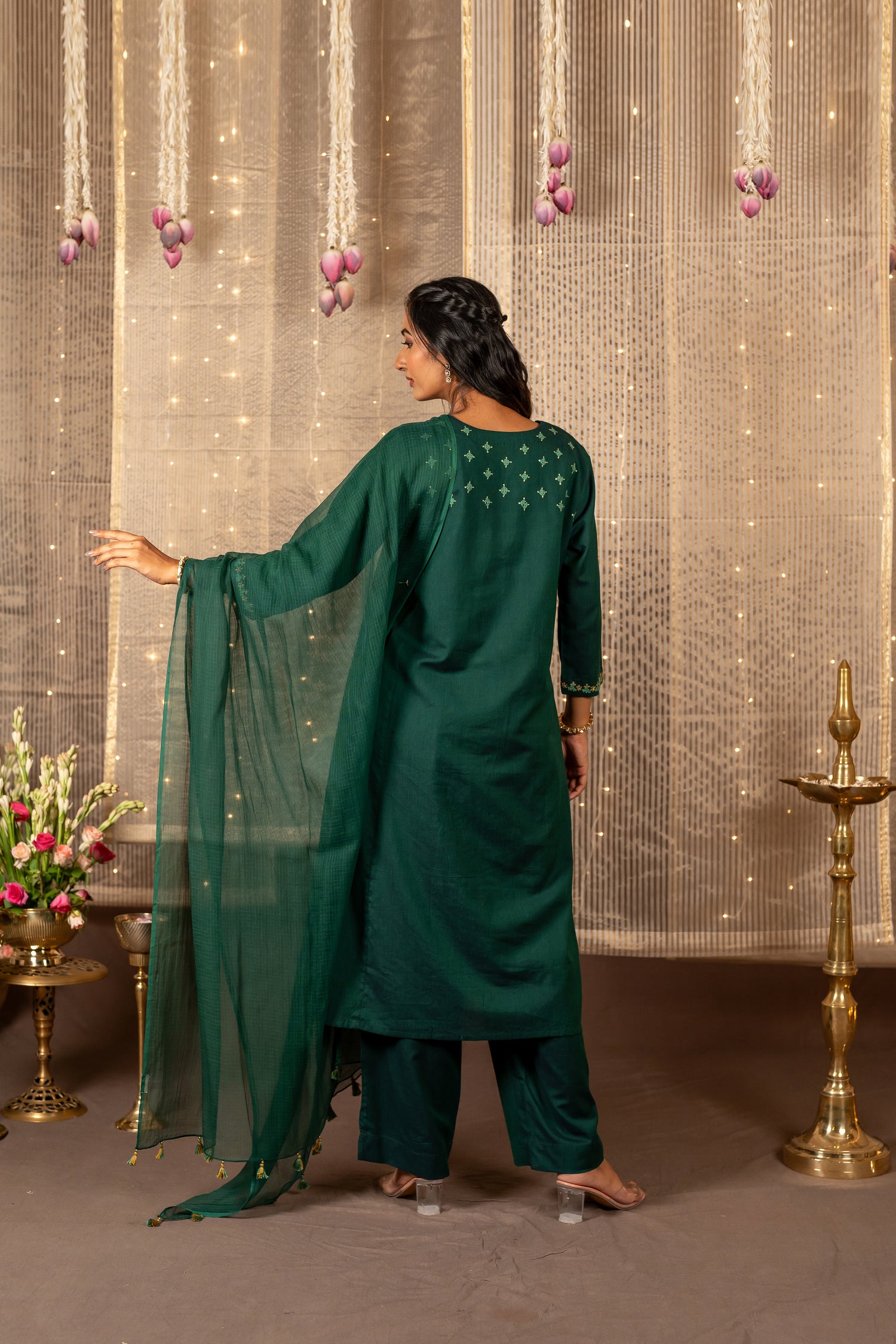 Ray Ethnic The Ira Dark Green Cotton Set of Two with Hand Embroidery