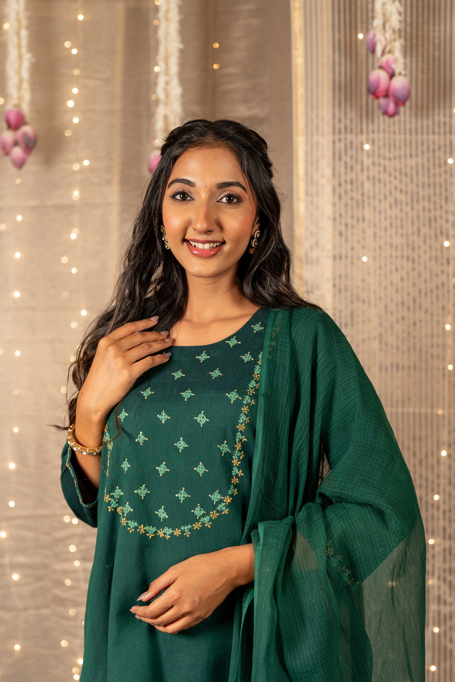 Ray Ethnic The Ira Dark Green Cotton Set of Two with Hand Embroidery