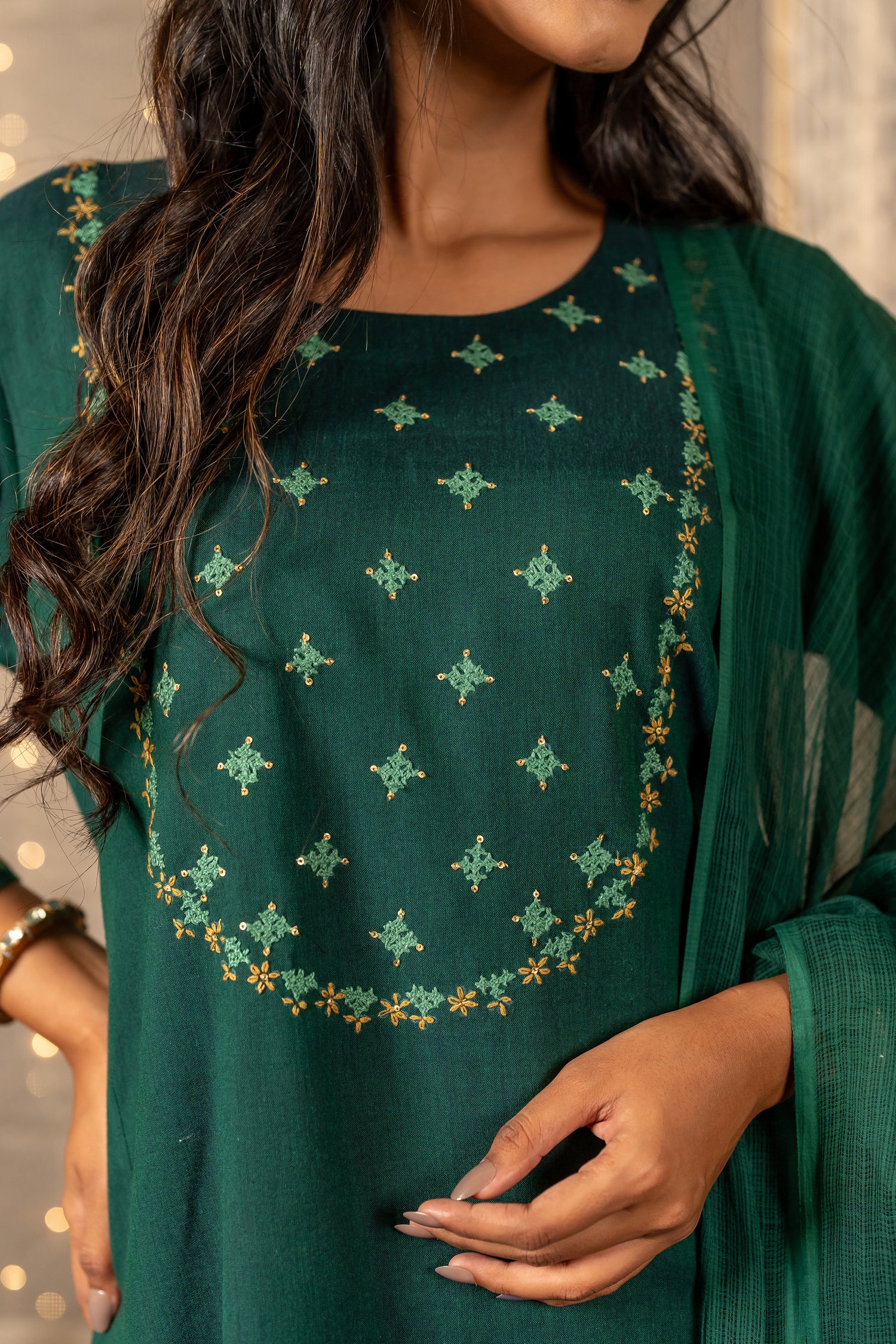 Ray Ethnic The Ira Dark Green Cotton Set of Two with Hand Embroidery