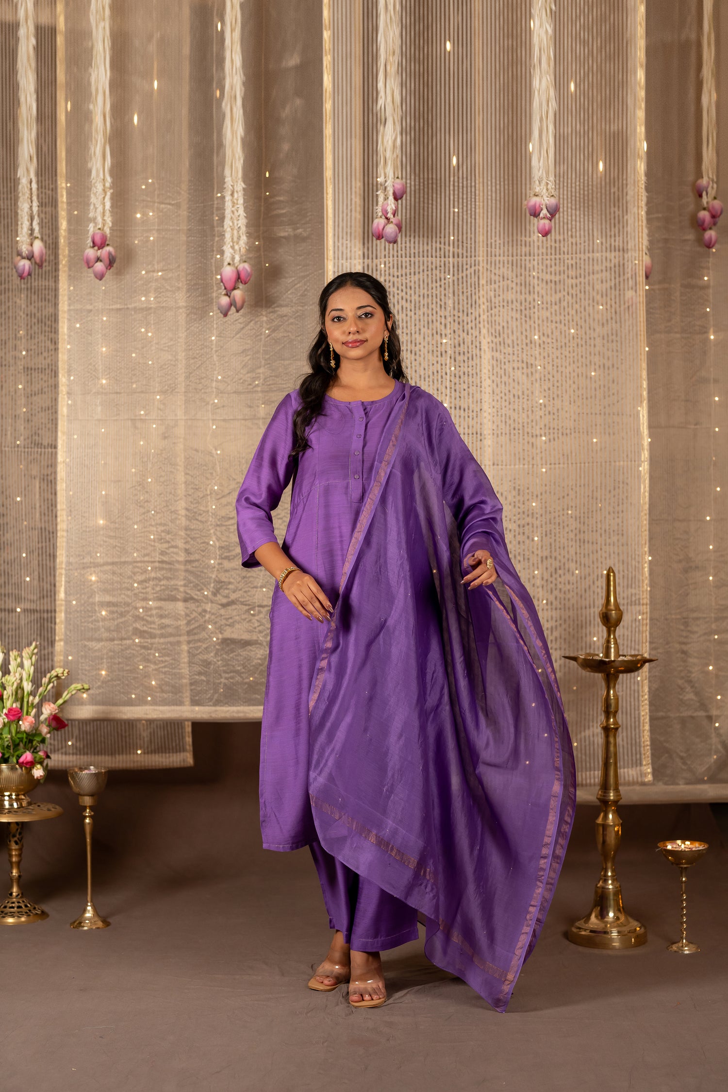 Ray Ethnic The Ira Bright Purple Cotton Silk Slub Set of Three with Chanderi Dupatta