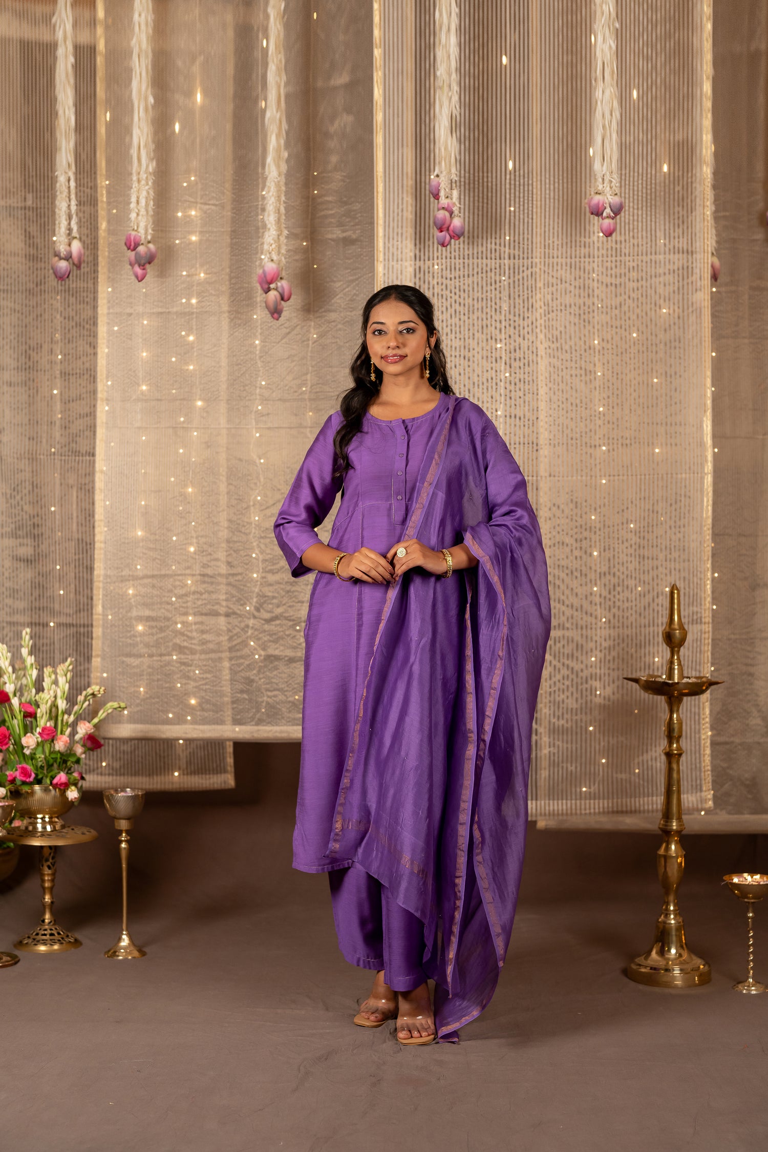Ray Ethnic The Ira Bright Purple Cotton Silk Slub Set of Three with Chanderi Dupatta