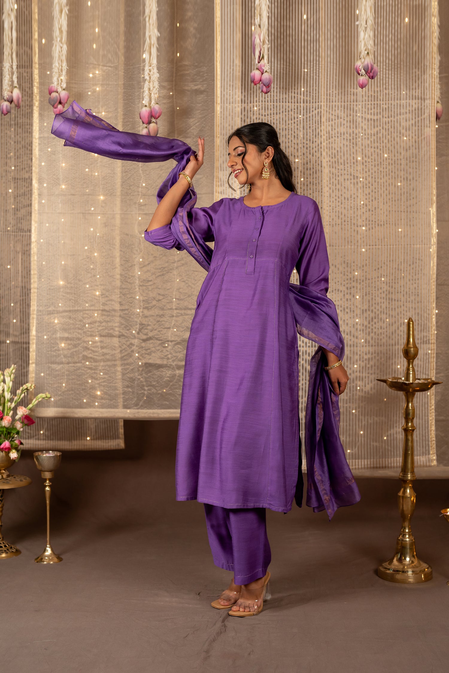 Ray Ethnic The Ira Bright Purple Cotton Silk Slub Set of Three with Chanderi Dupatta