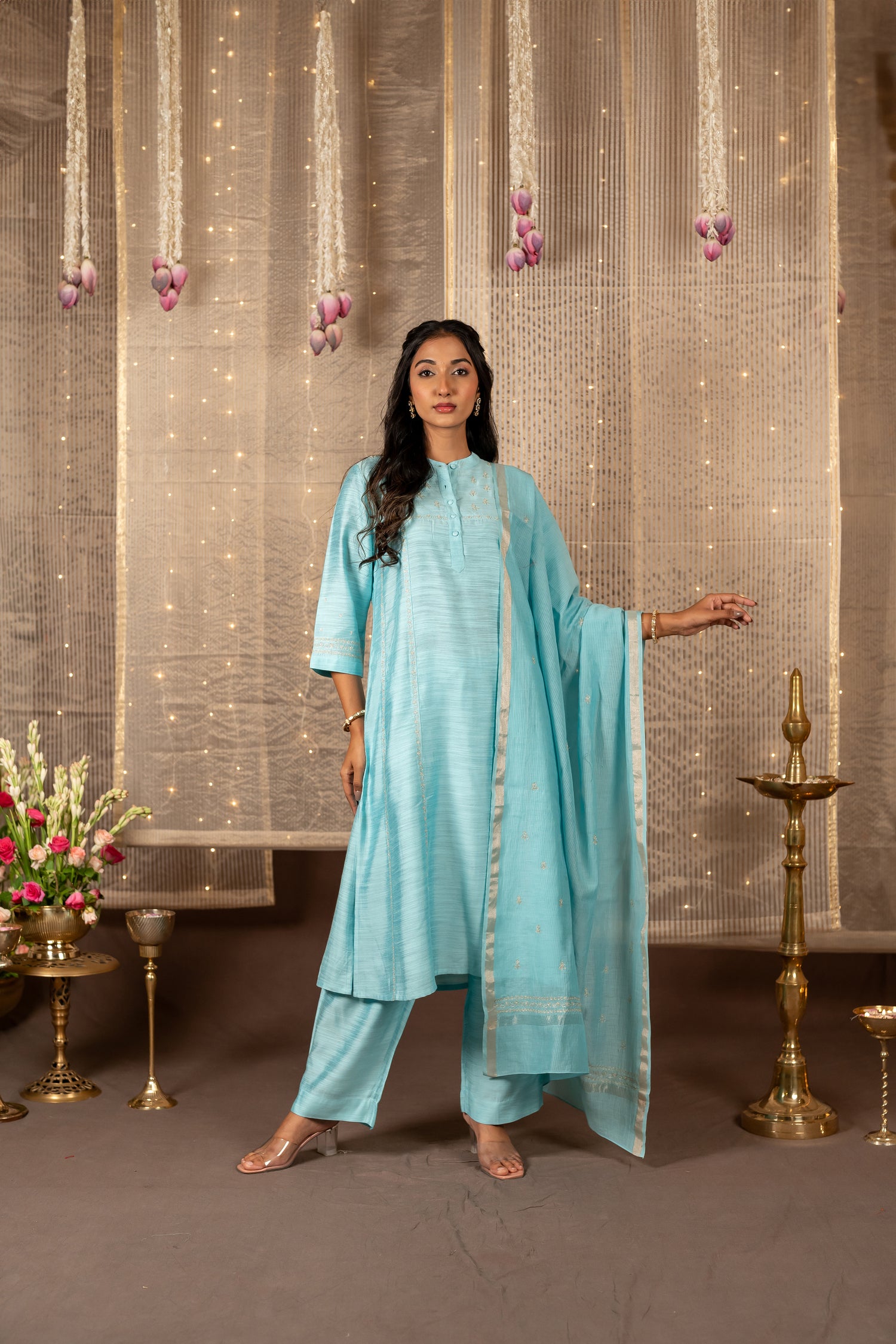 Ray Ethnic The Ira Mint Green Cotton Silk Slub Set of Three with Hand Embroidery
