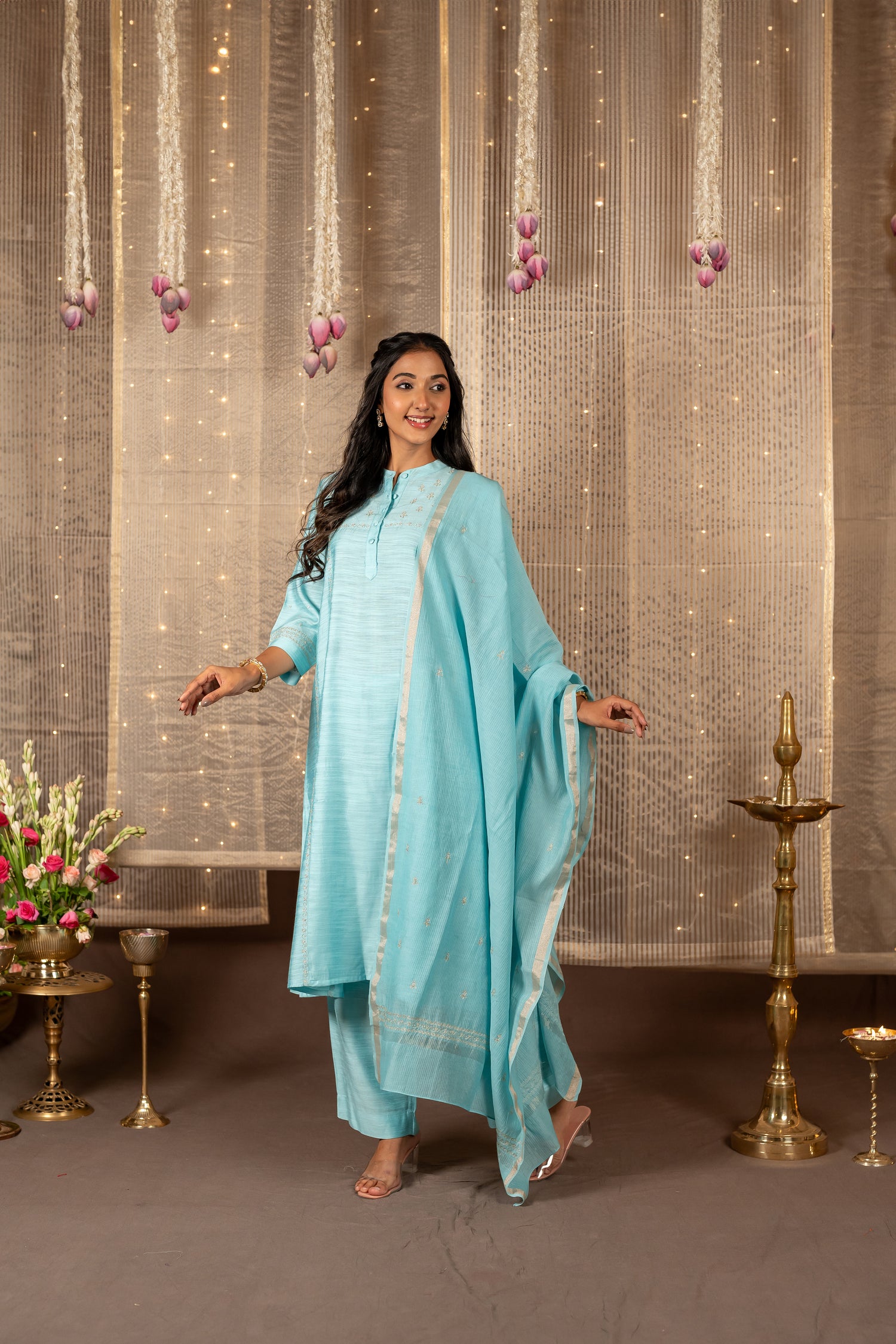 Ray Ethnic The Ira Mint Green Cotton Silk Slub Set of Three with Hand Embroidery