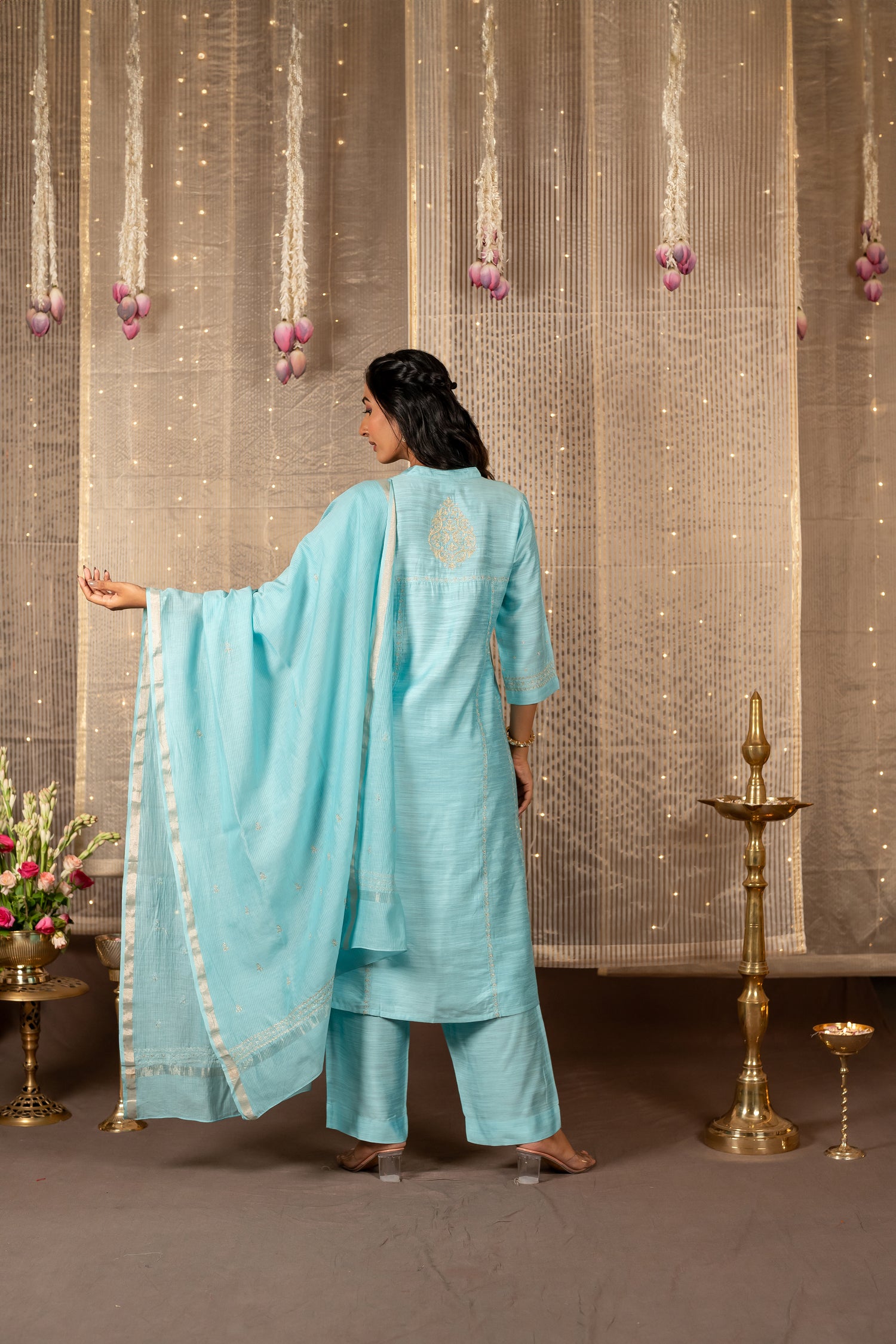 Ray Ethnic The Ira Mint Green Cotton Silk Slub Set of Three with Hand Embroidery