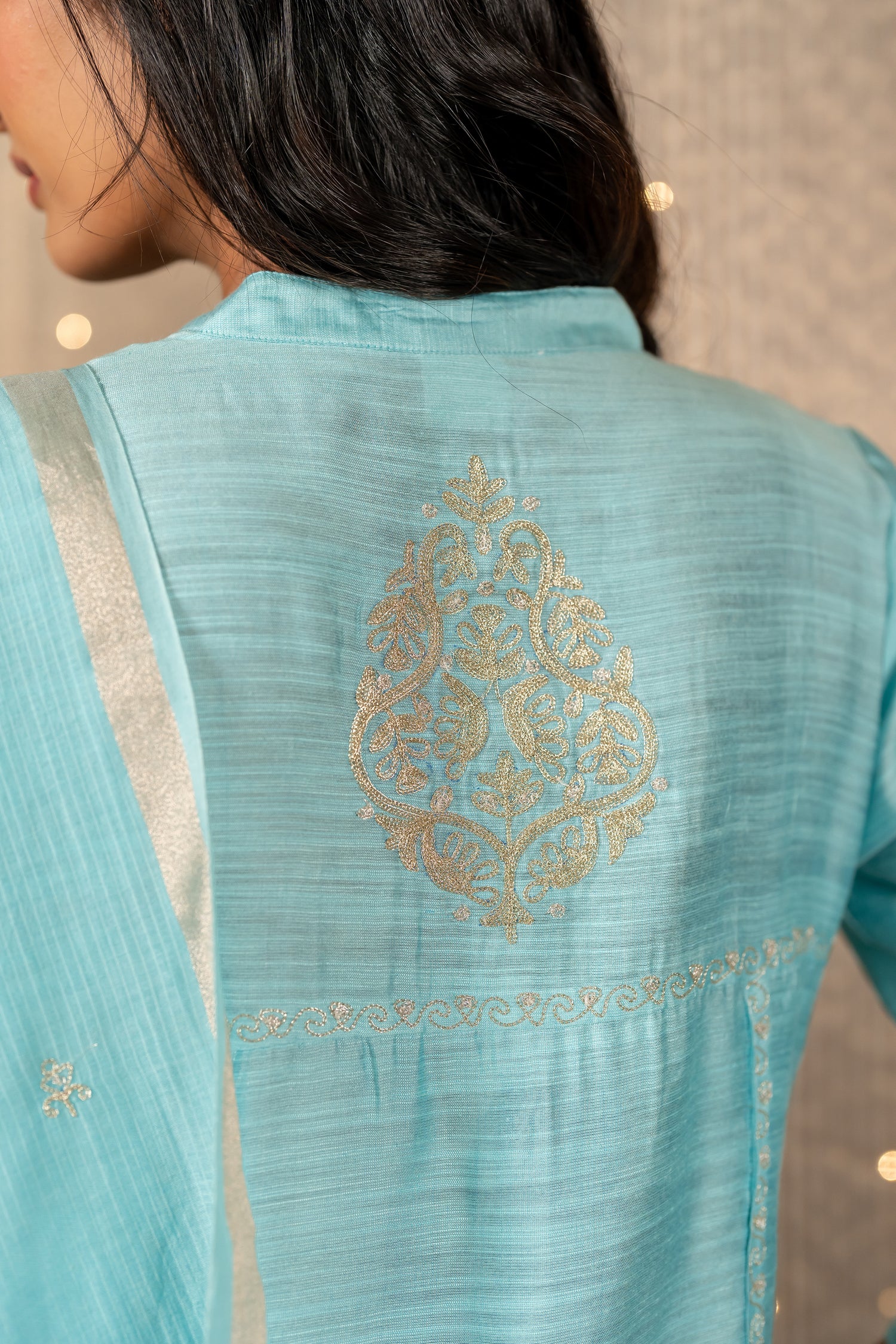 Ray Ethnic The Ira Mint Green Cotton Silk Slub Set of Three with Hand Embroidery