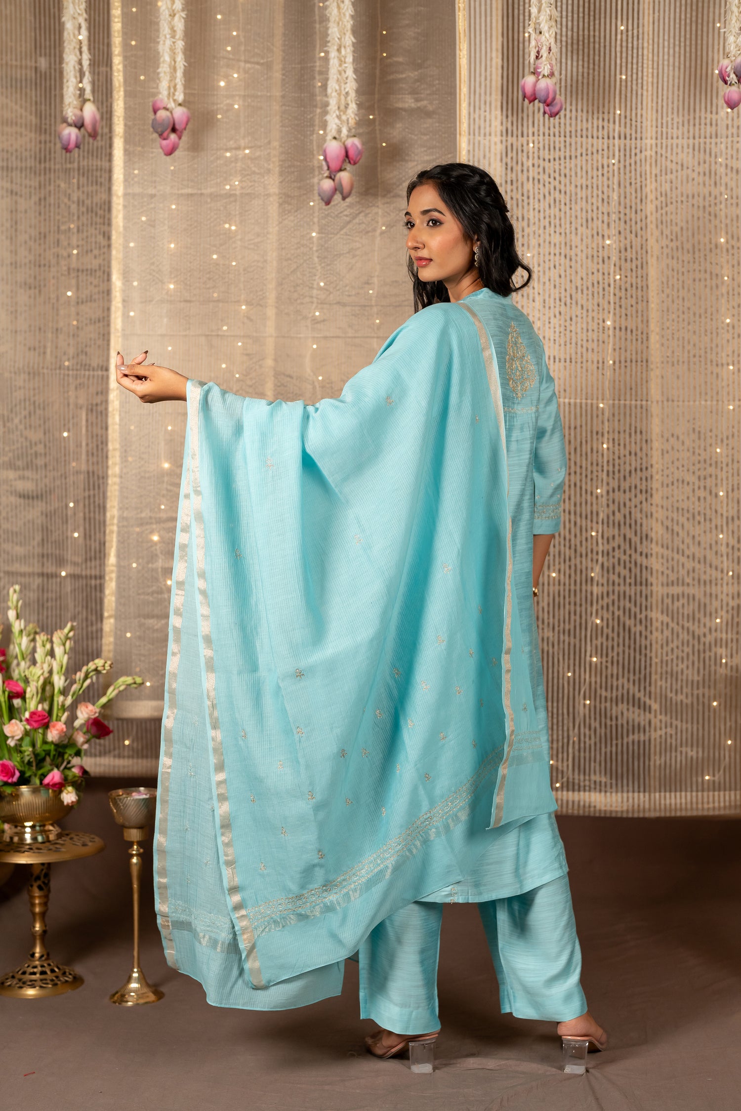 Ray Ethnic The Ira Mint Green Cotton Silk Slub Set of Three with Hand Embroidery