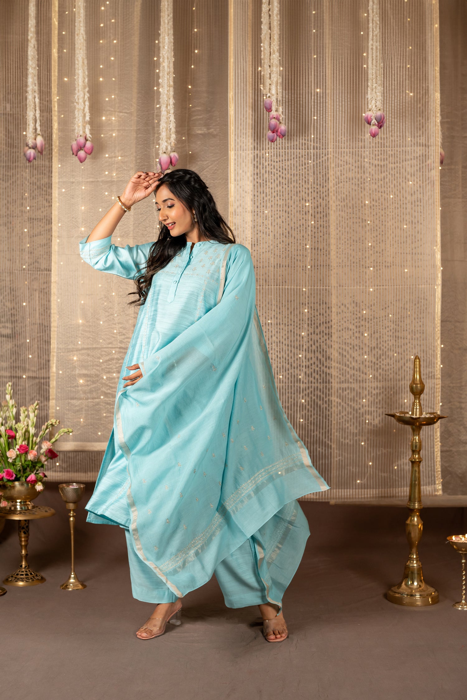 Ray Ethnic The Ira Mint Green Cotton Silk Slub Set of Three with Hand Embroidery