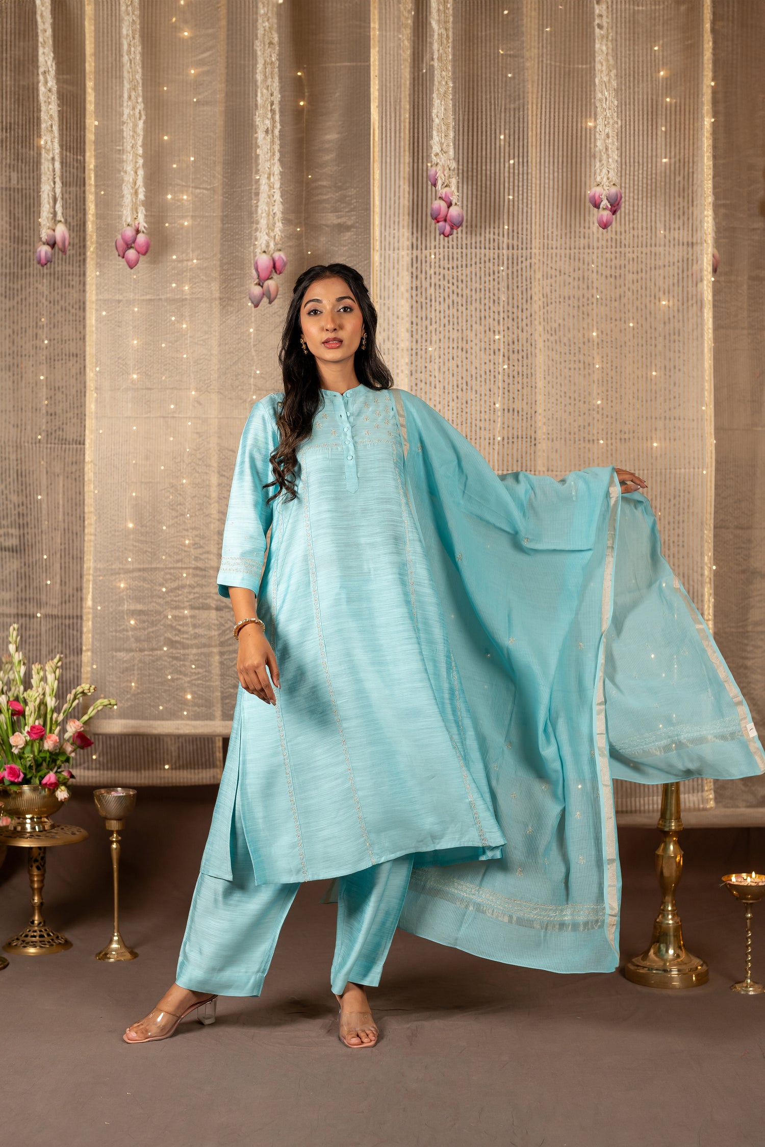 Ray Ethnic The Ira Mint Green Cotton Silk Slub Set of Three with Hand Embroidery