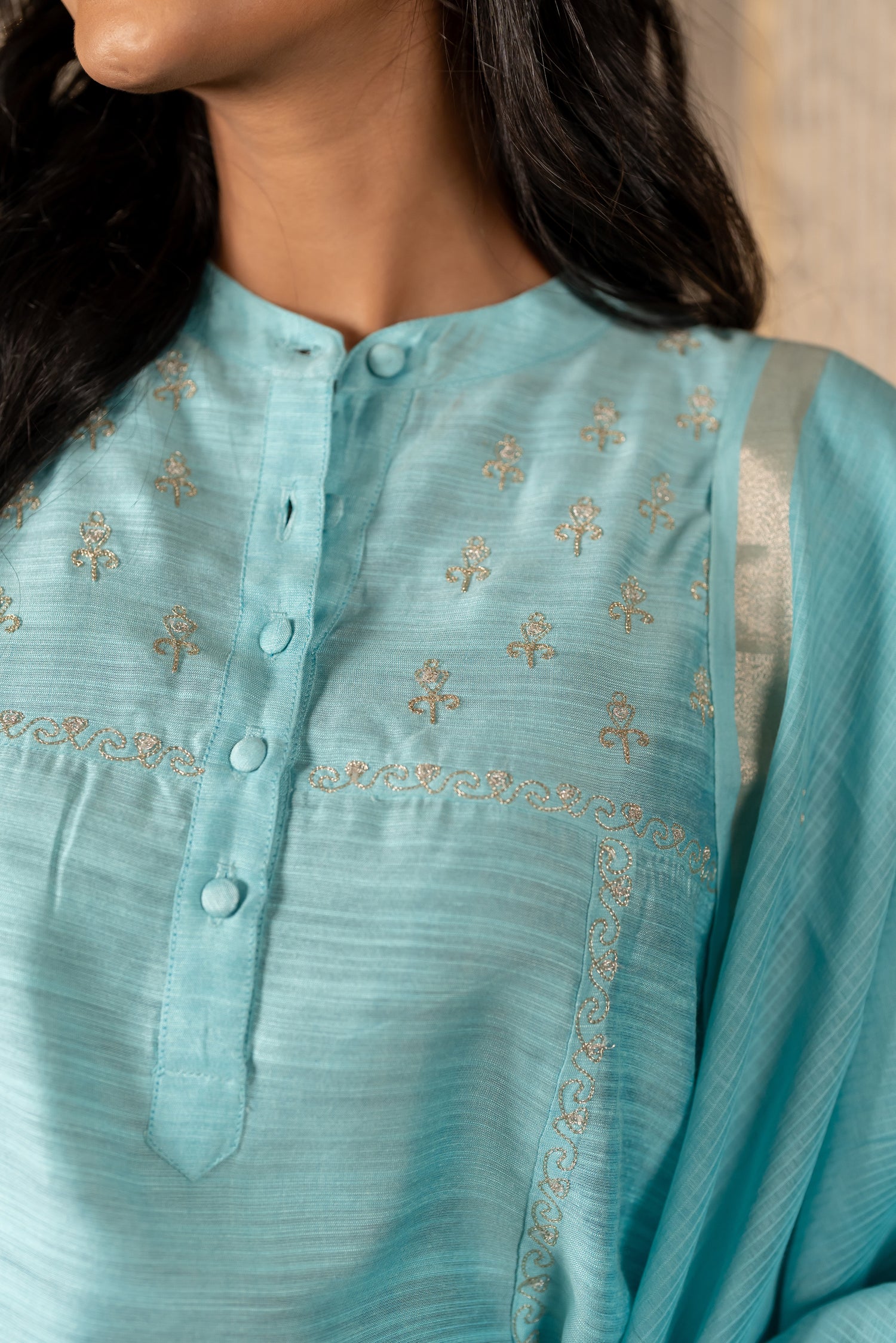 Ray Ethnic The Ira Mint Green Cotton Silk Slub Set of Three with Hand Embroidery