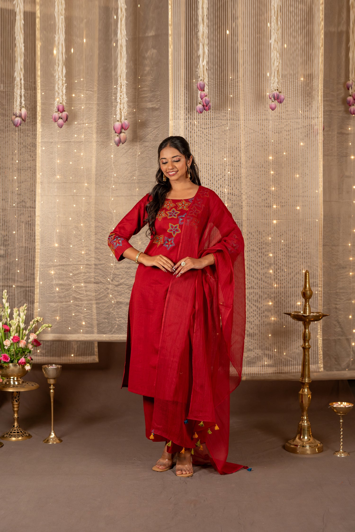 Ray Ethnic The Ira Maroon Cotton Set of Two with Hand Embroidery