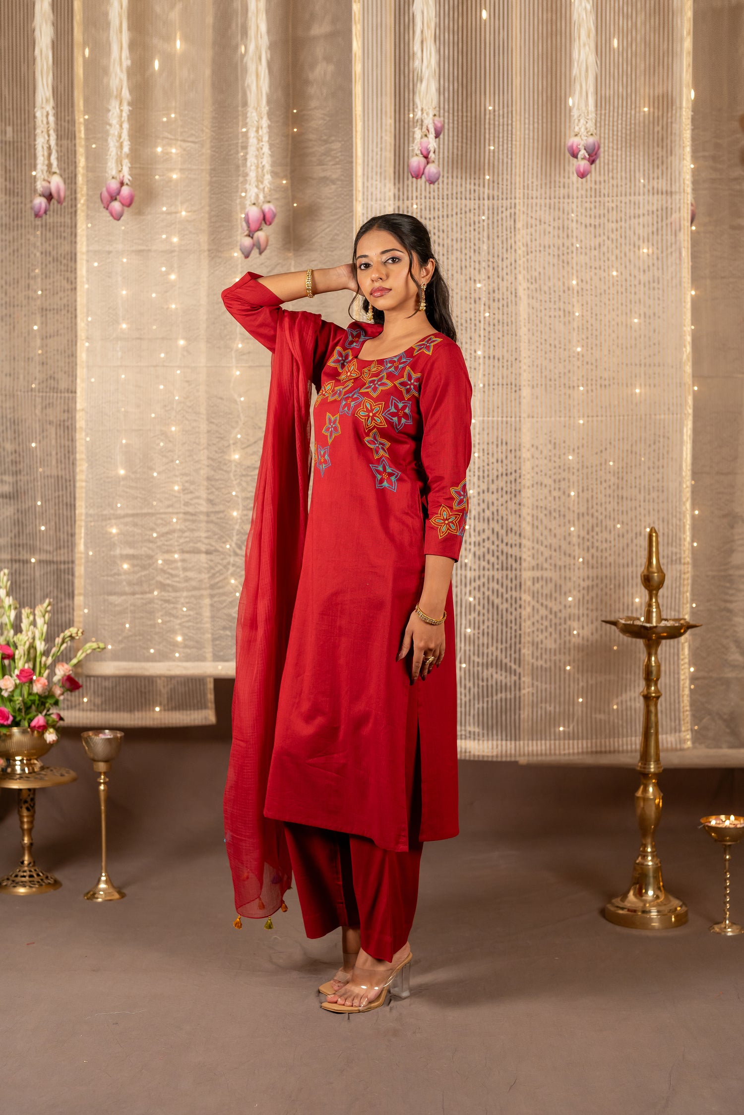 Ray Ethnic The Ira Maroon Cotton Set of Two with Hand Embroidery