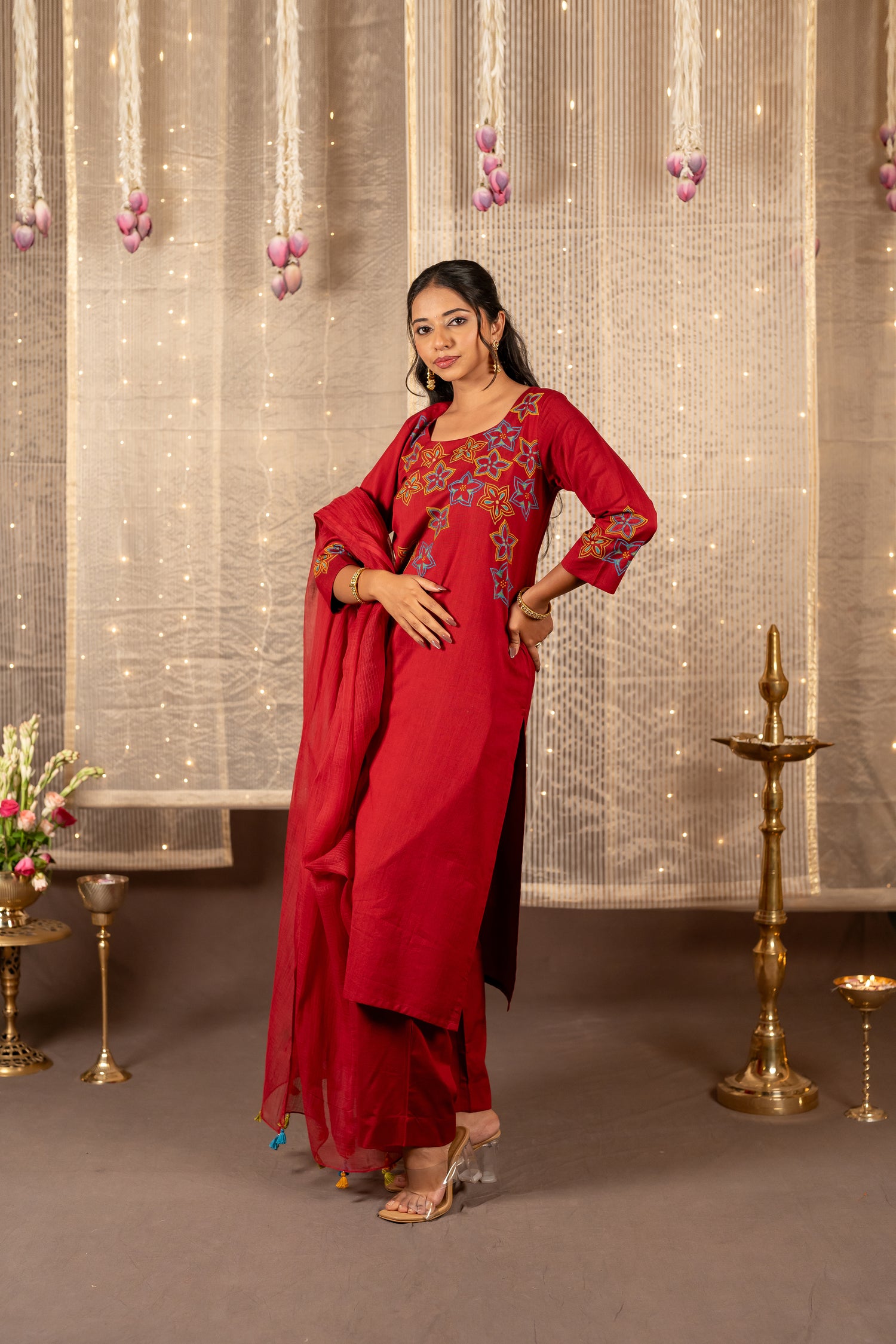 Ray Ethnic The Ira Maroon Cotton Set of Two with Hand Embroidery
