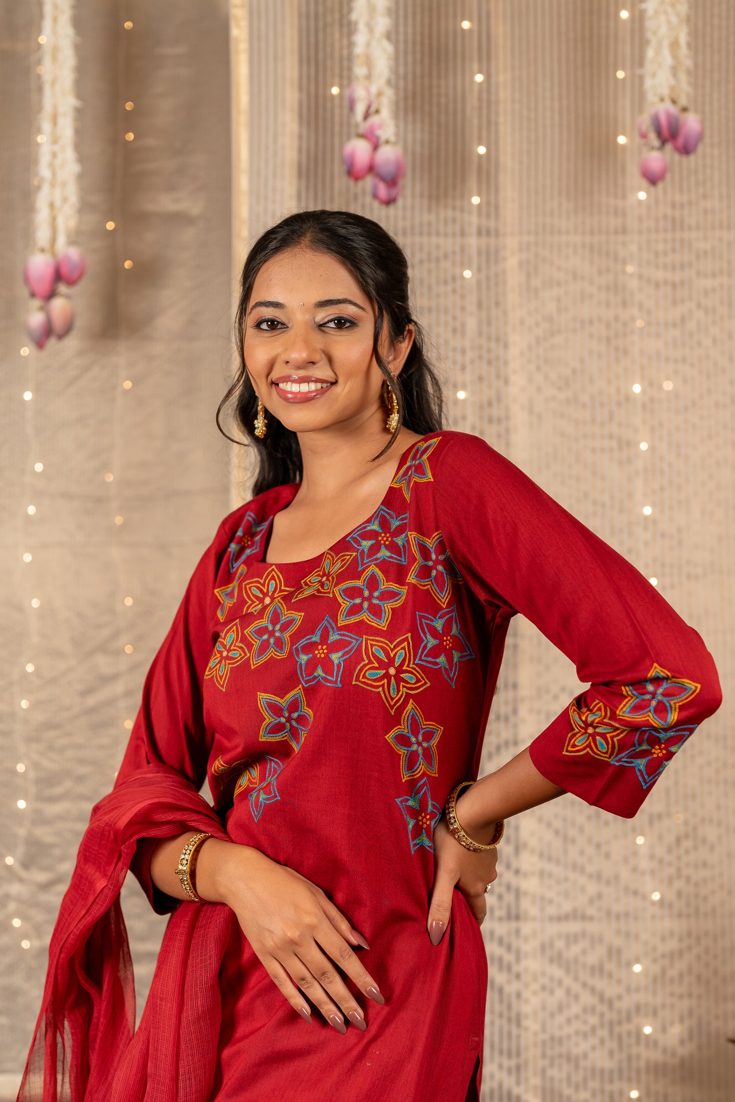 Ray Ethnic The Ira Maroon Cotton Set of Two with Hand Embroidery