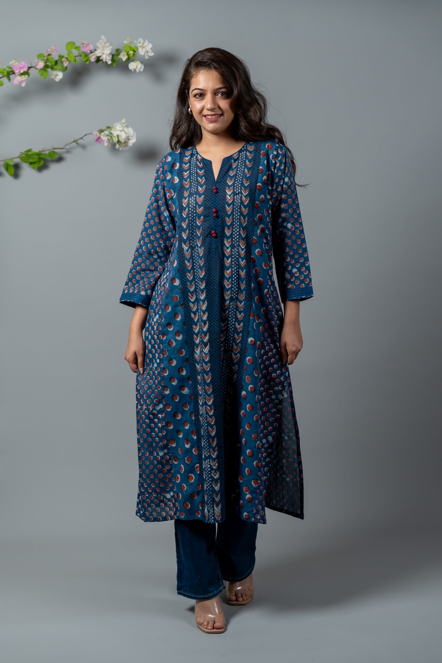 Parat Navy Polka & Chevron Block Print Mul Cotton Kurta
