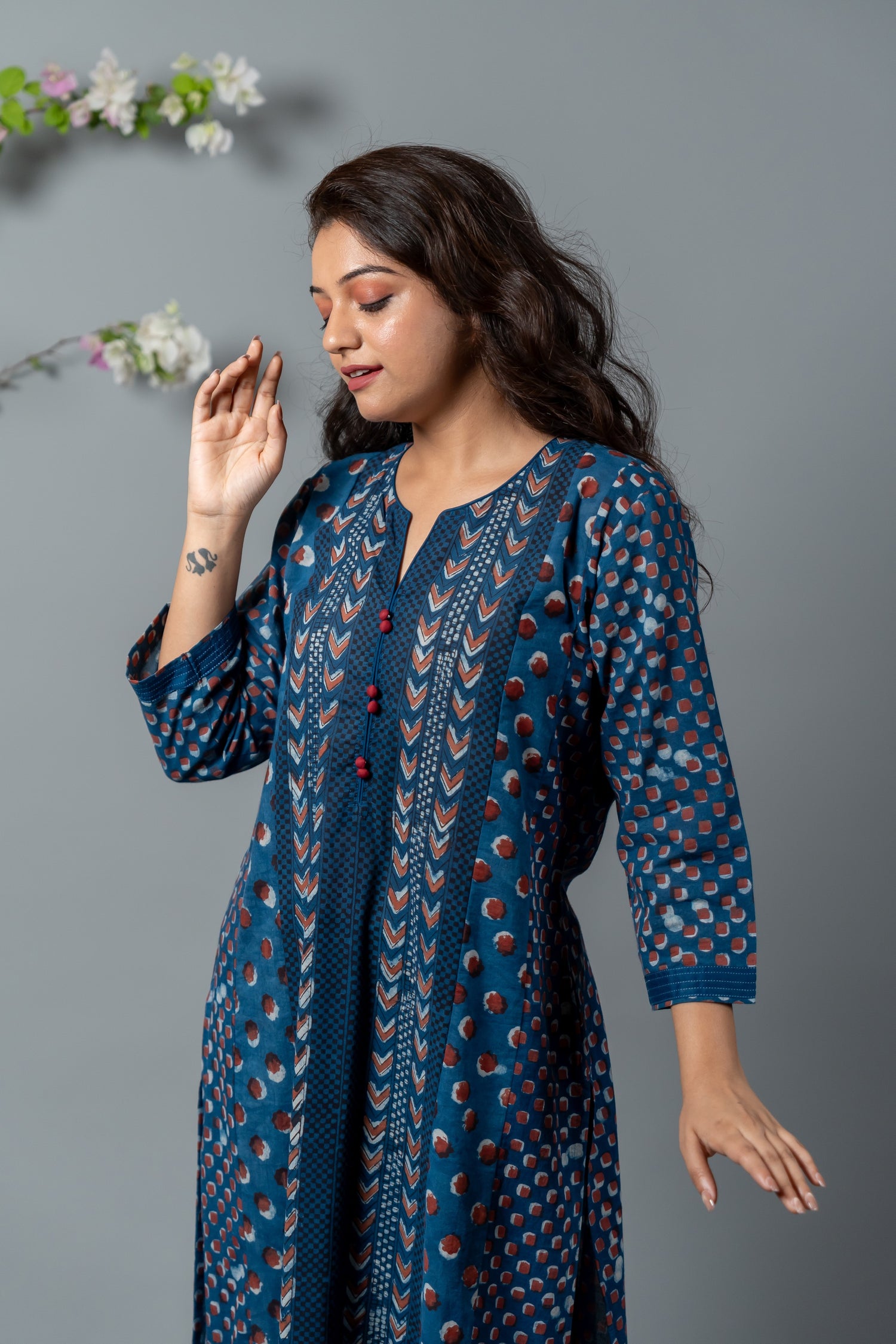 Parat Navy Polka & Chevron Block Print Mul Cotton Kurta