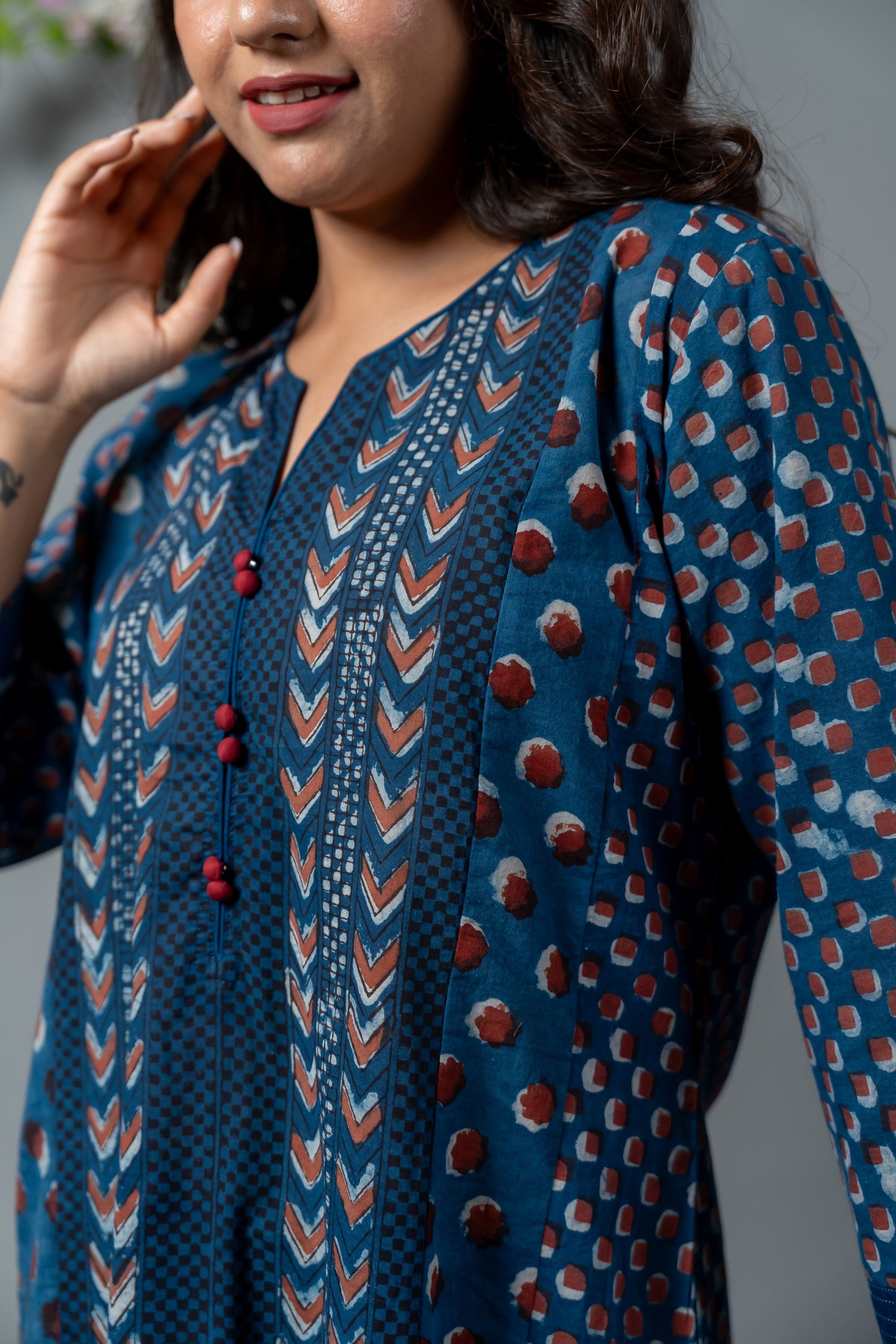 Parat Navy Polka & Chevron Block Print Mul Cotton Kurta
