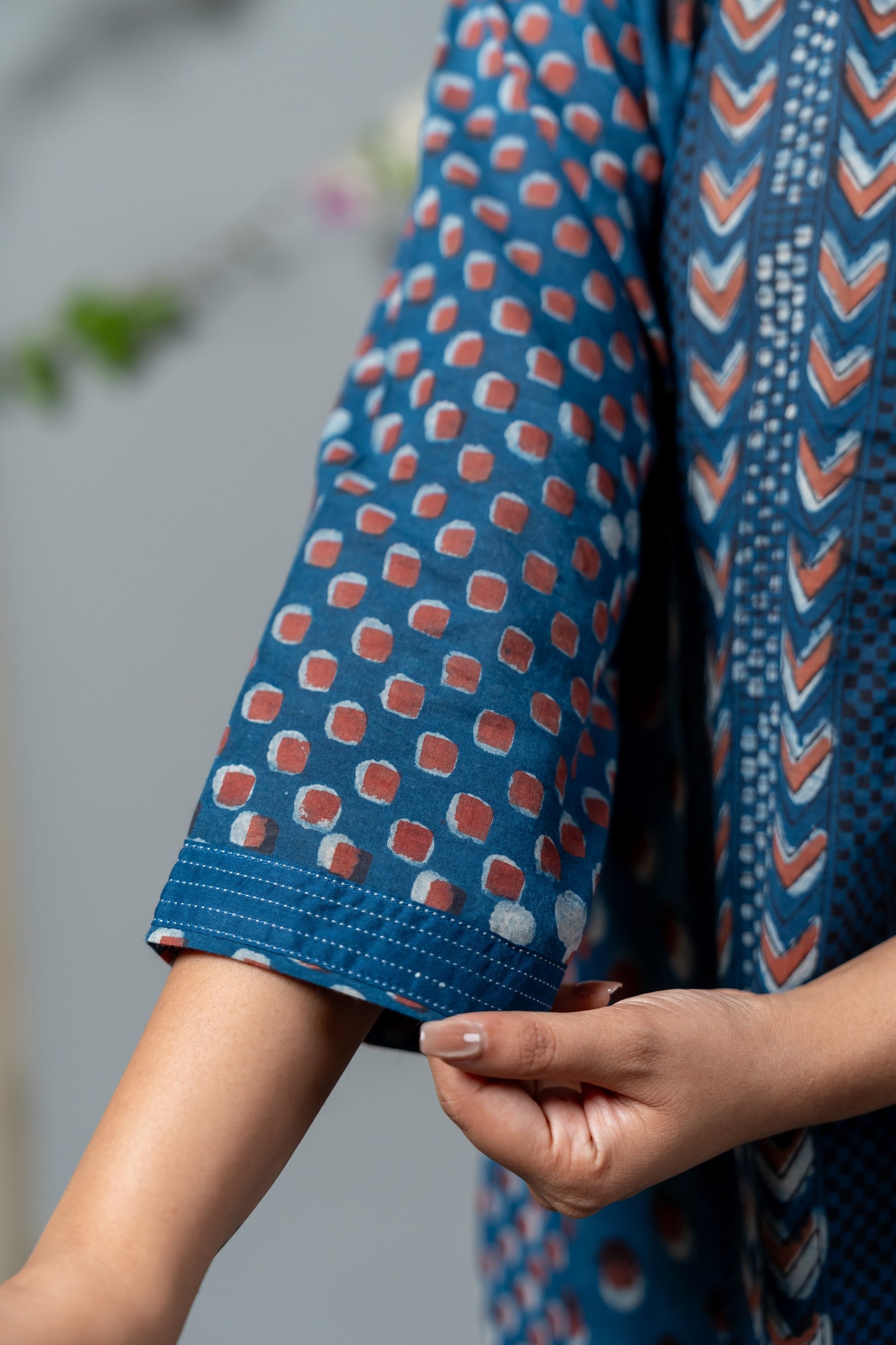 Parat Navy Polka & Chevron Block Print Mul Cotton Kurta