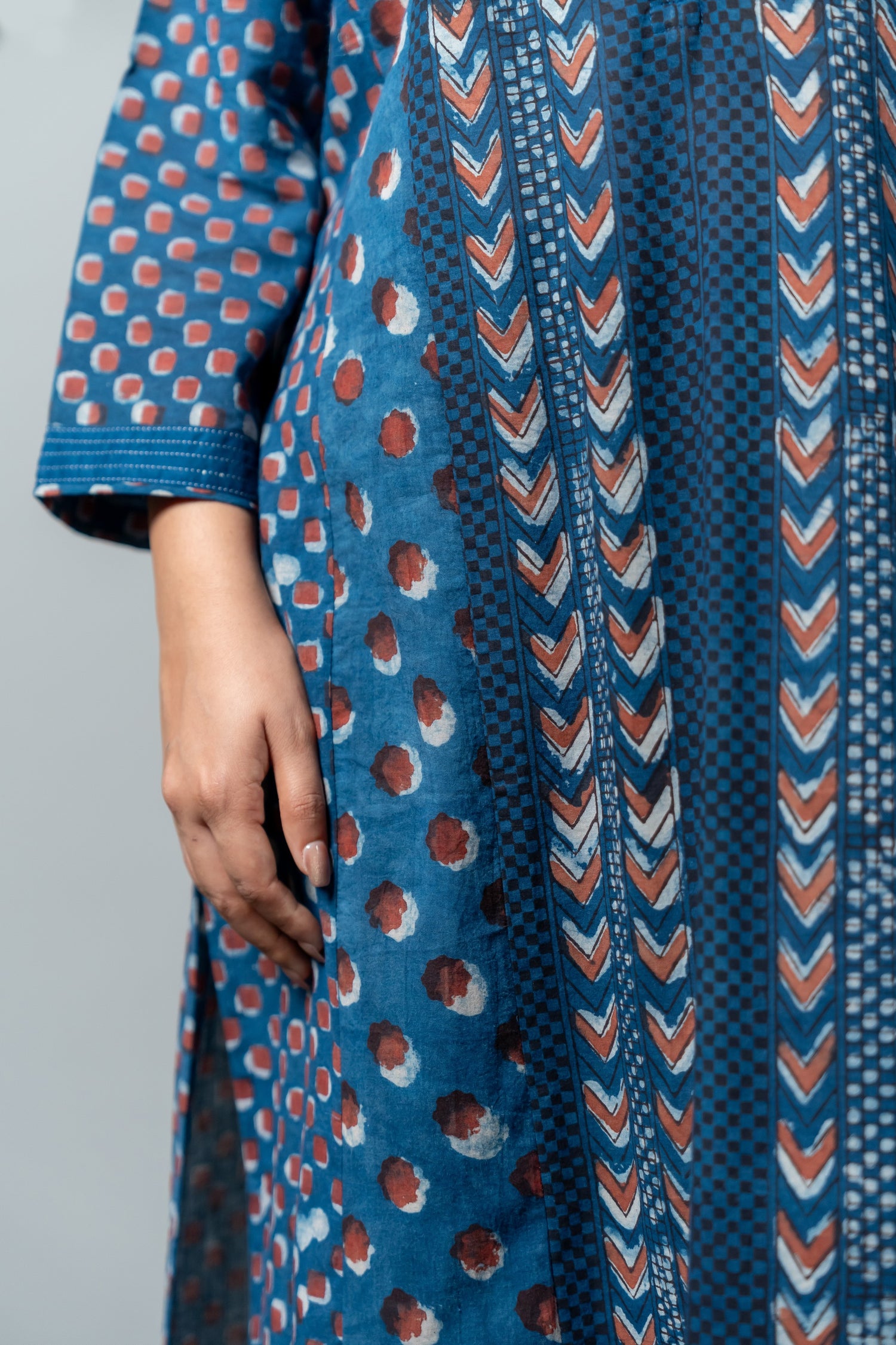 Parat Navy Polka & Chevron Block Print Mul Cotton Kurta