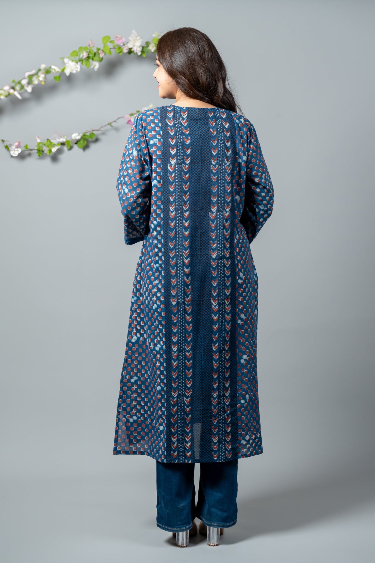 Parat Navy Polka & Chevron Block Print Mul Cotton Kurta