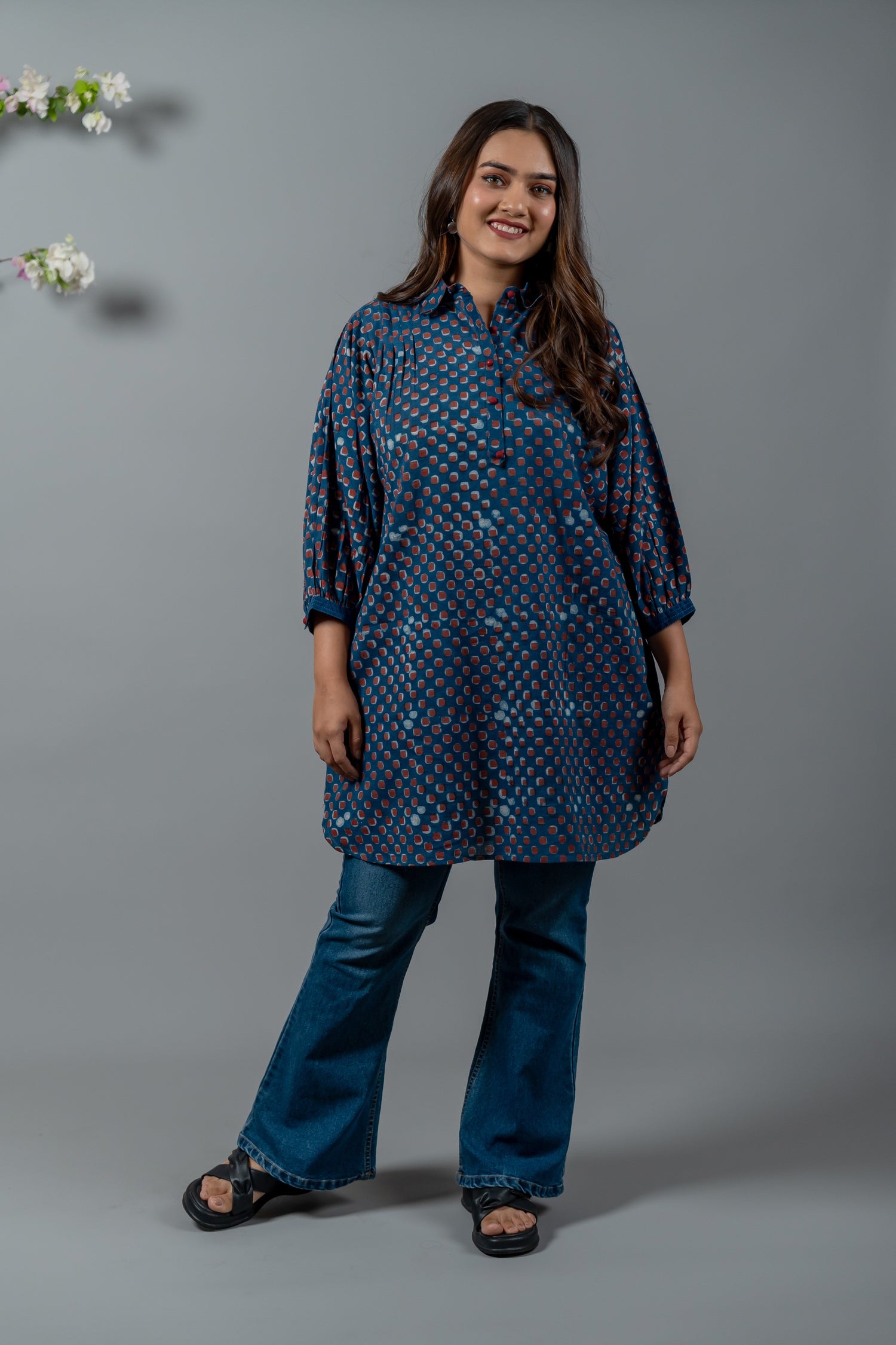 Parat Block Print Mul Cotton Oversized Shirt Top