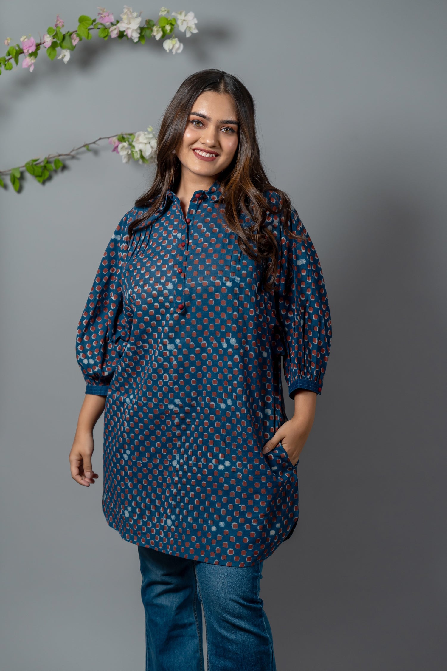 Parat Block Print Mul Cotton Oversized Shirt Top