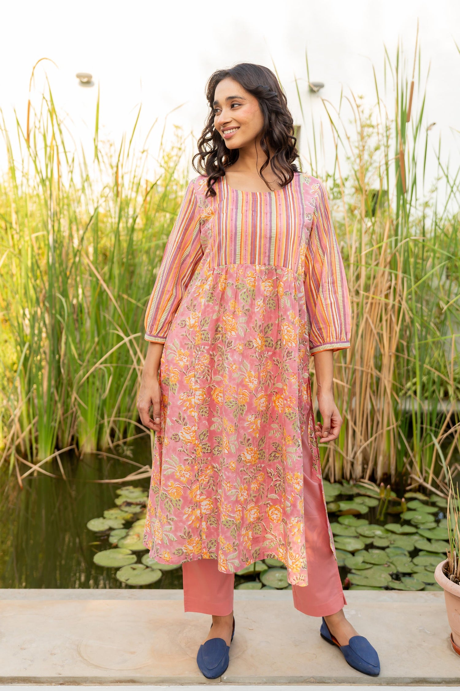 Gul Light Pink Block Print Cotton Kurta | Ray-ethnic