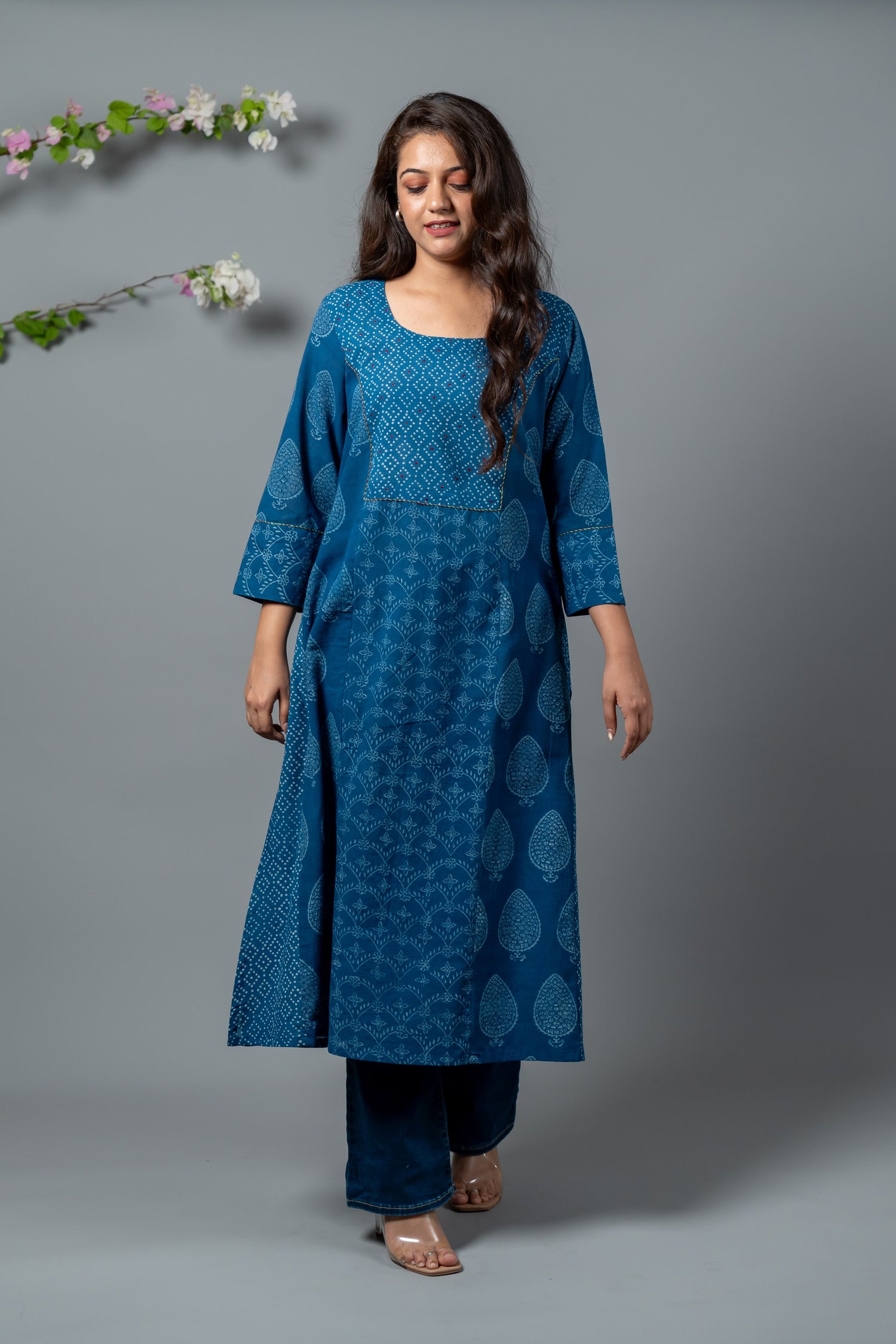 Parat Teal Blue Mixed Motif Block Print Mul Cotton Kurta