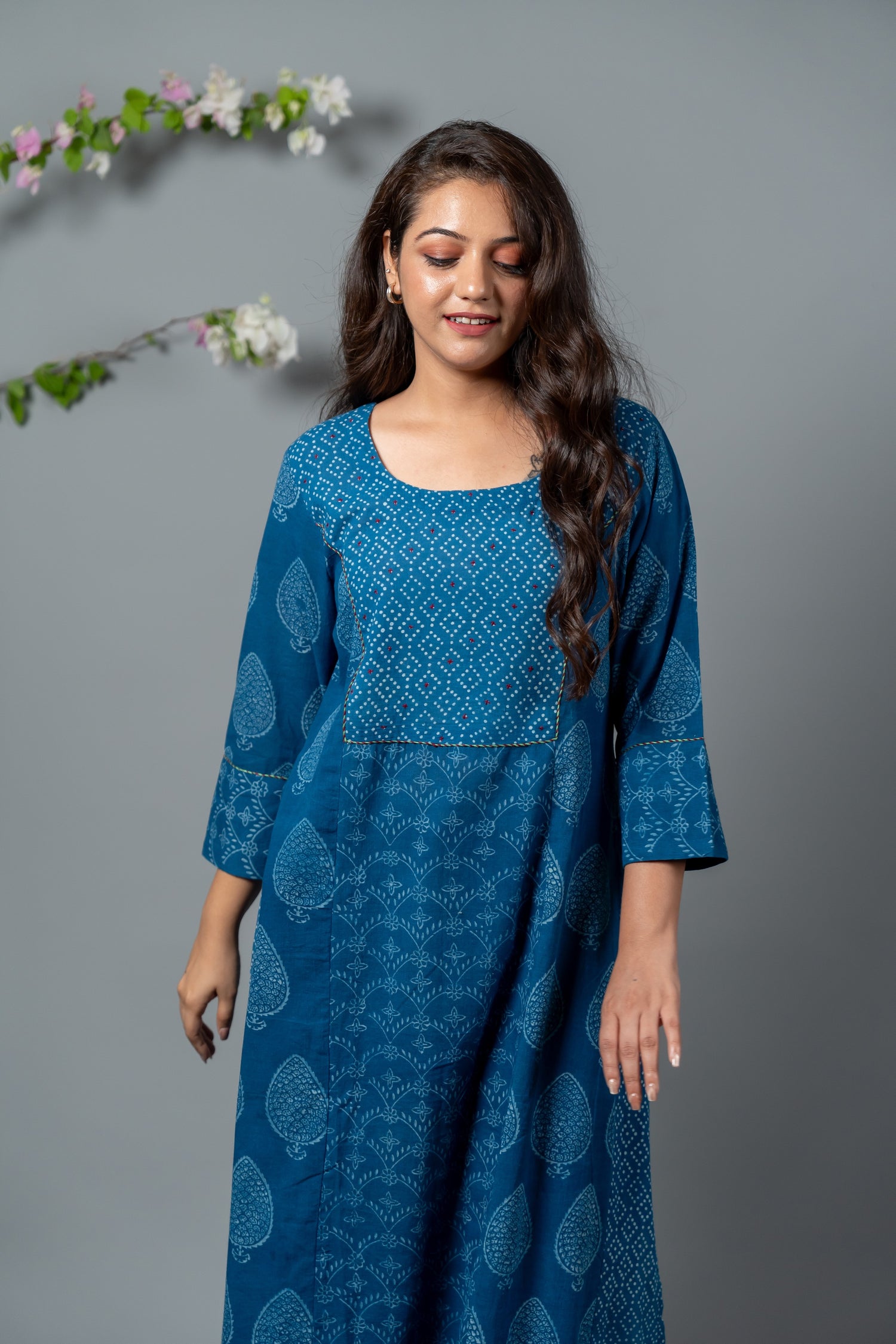 Parat Teal Blue Mixed Motif Block Print Mul Cotton Kurta