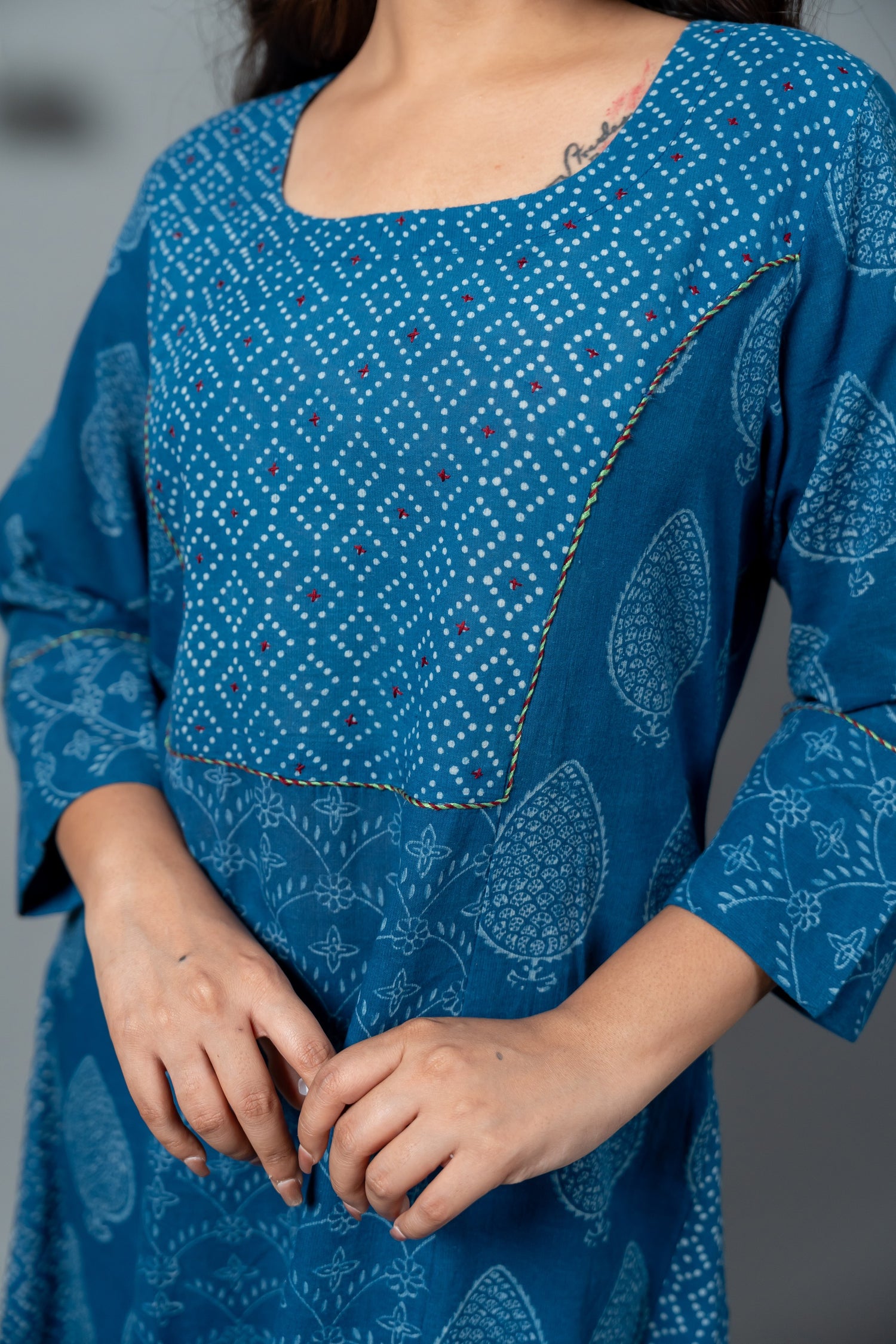 Parat Teal Blue Mixed Motif Block Print Mul Cotton Kurta