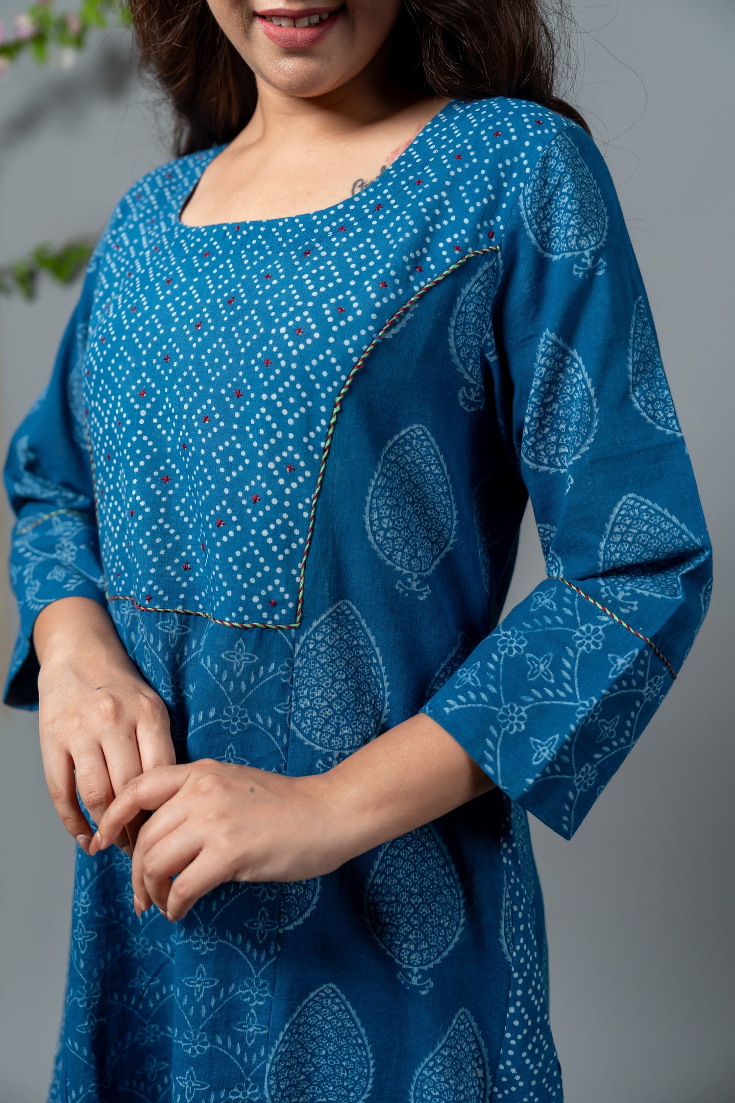 Parat Teal Blue Mixed Motif Block Print Mul Cotton Kurta