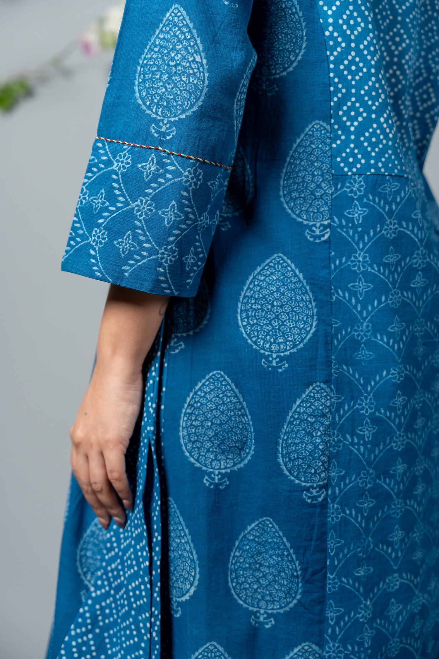 Parat Teal Blue Mixed Motif Block Print Mul Cotton Kurta