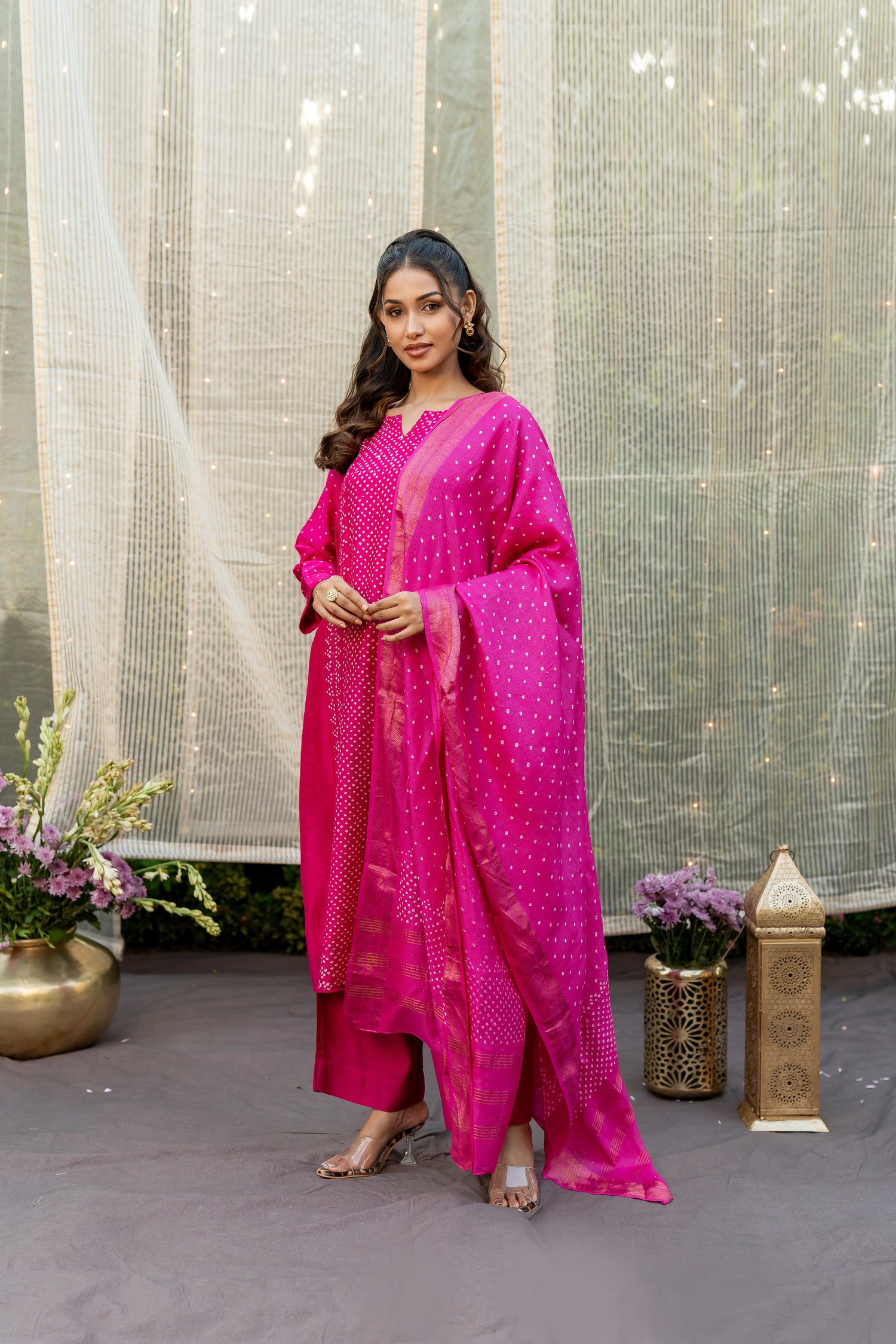 Ray Ethnic Ira | Bright Pink Muga Silk Bandhej Kurta Set of 3 with Badla Work & Matching Dupatta