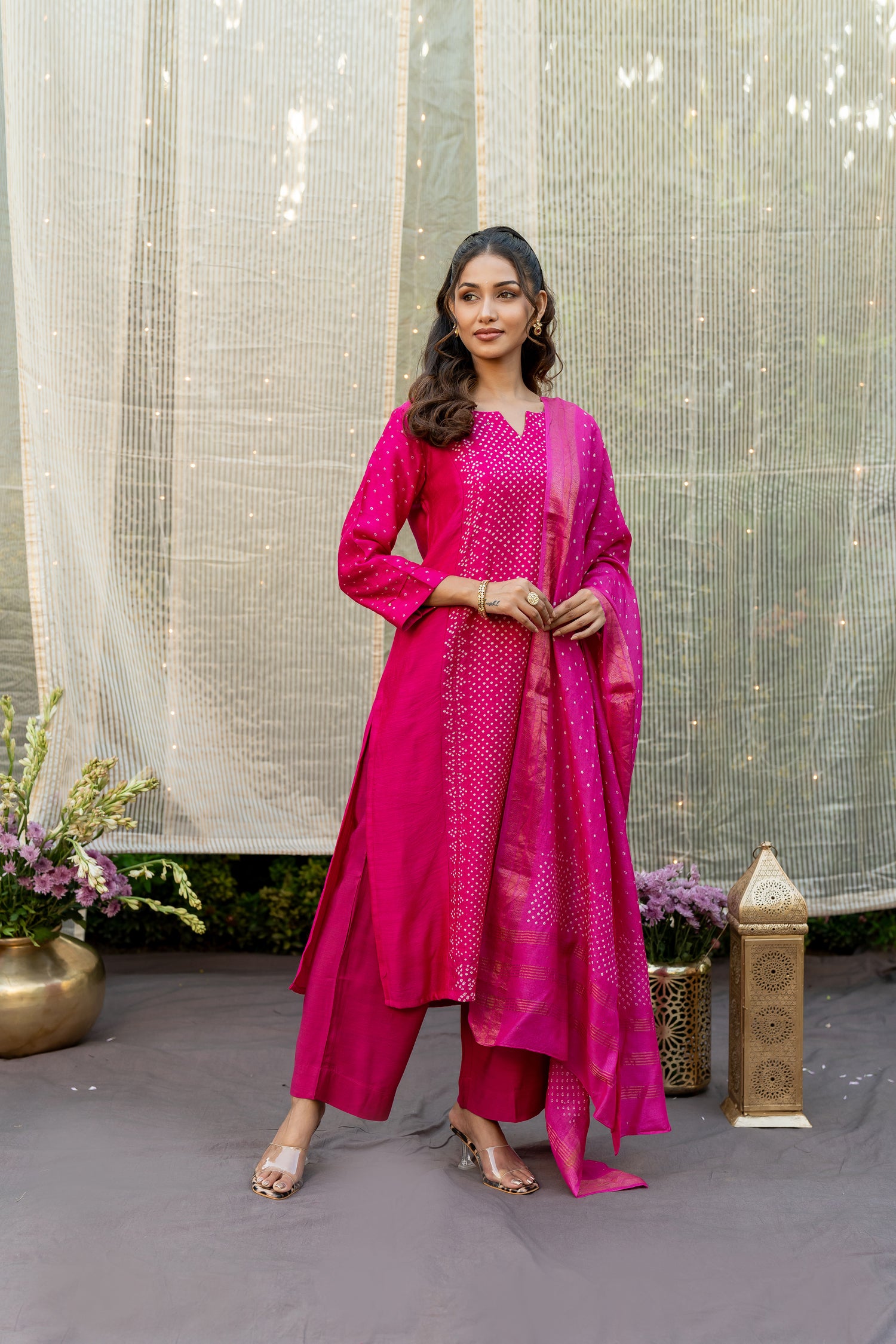 Ray Ethnic Ira | Bright Pink Muga Silk Bandhej Kurta Set of 3 with Badla Work & Matching Dupatta