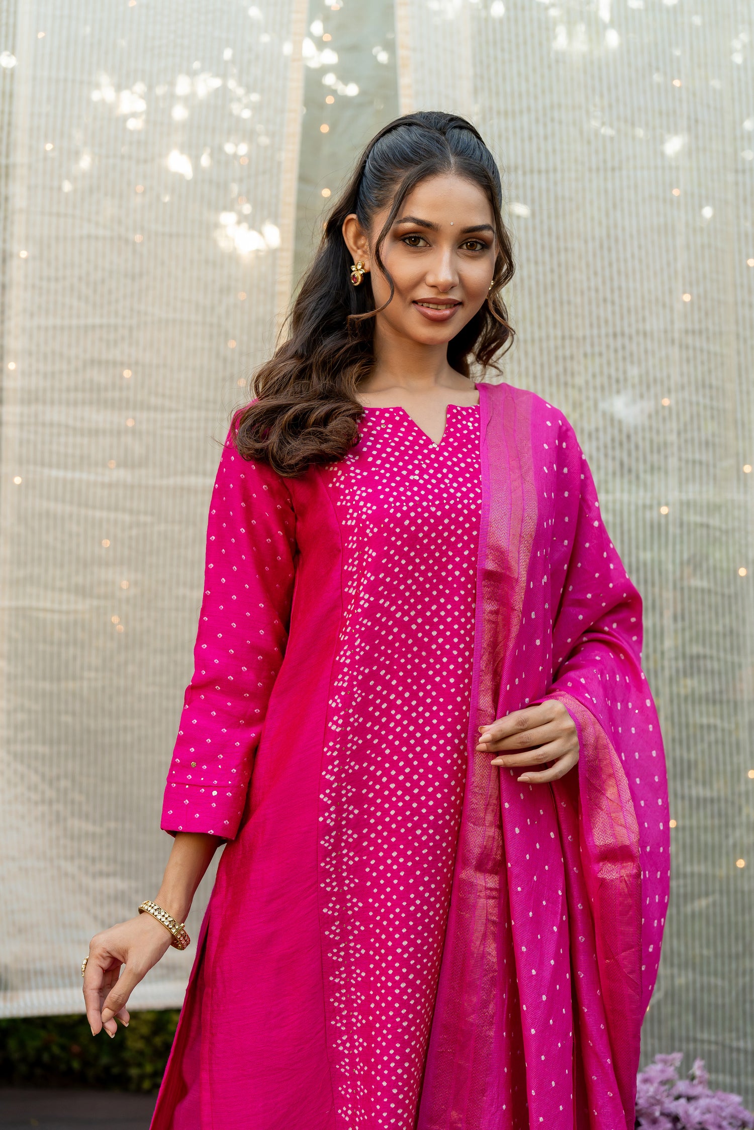 Ray Ethnic Ira | Bright Pink Muga Silk Bandhej Kurta Set of 3 with Badla Work & Matching Dupatta