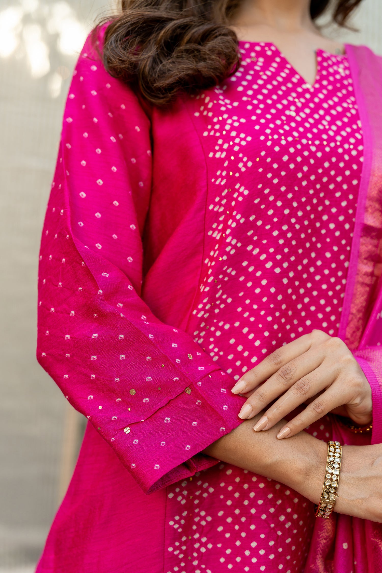 Ray Ethnic Ira | Bright Pink Muga Silk Bandhej Kurta Set of 3 with Badla Work & Matching Dupatta
