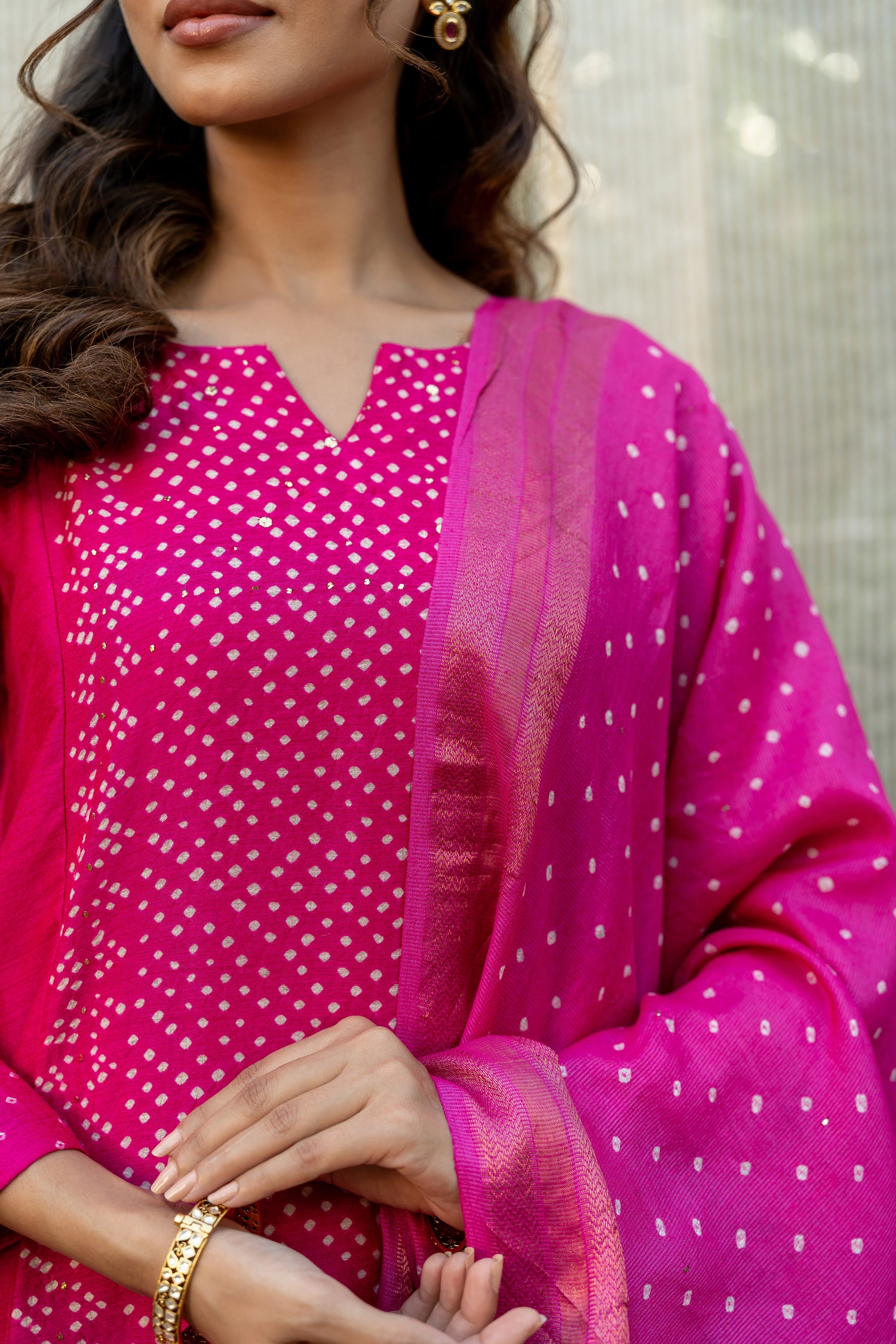 Ray Ethnic Ira | Bright Pink Muga Silk Bandhej Kurta Set of 3 with Badla Work & Matching Dupatta
