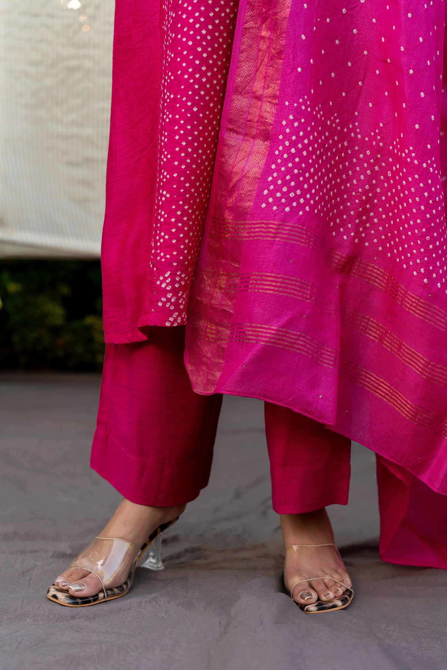 Ray Ethnic Ira | Bright Pink Muga Silk Bandhej Kurta Set of 3 with Badla Work & Matching Dupatta
