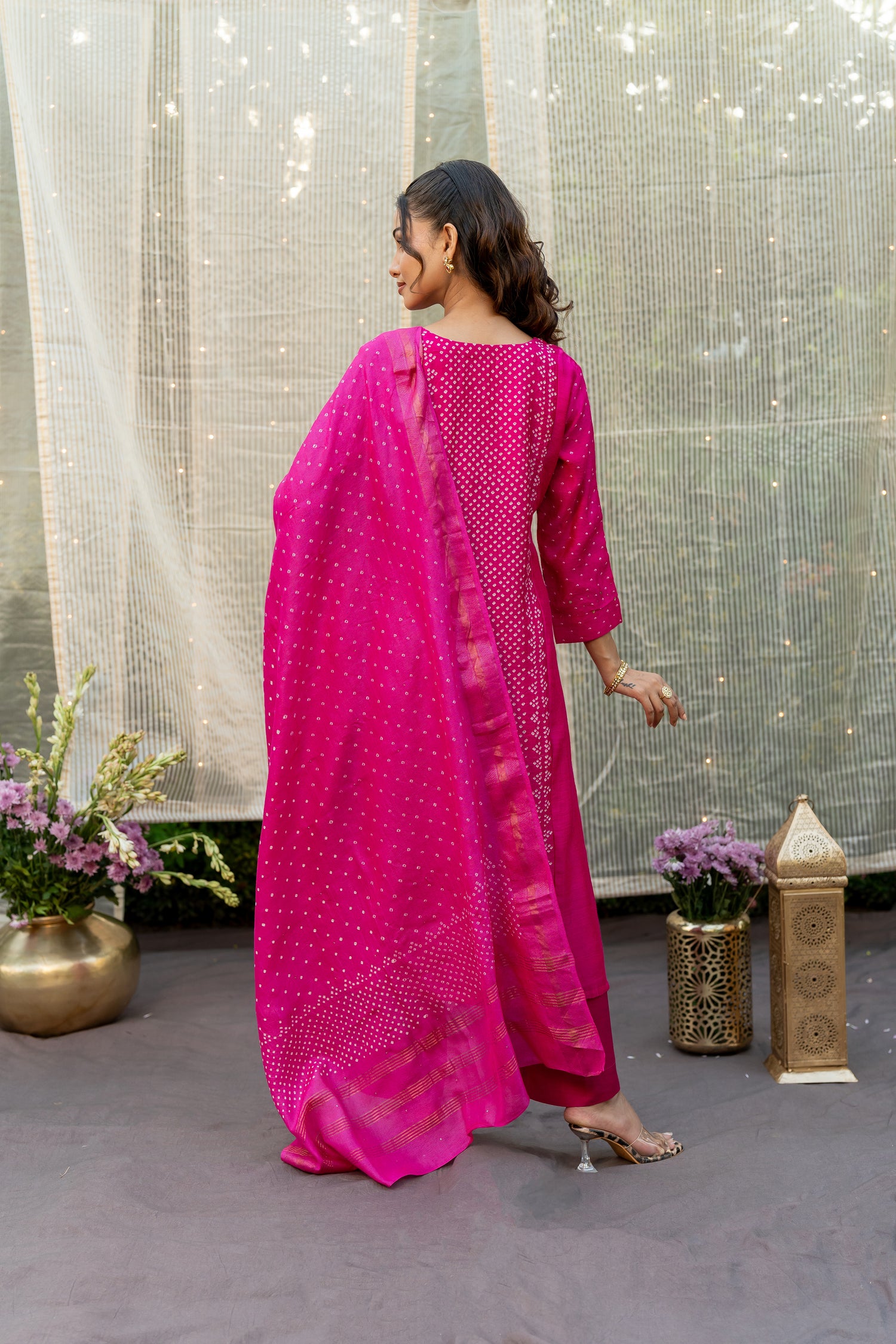 Ray Ethnic Ira | Bright Pink Muga Silk Bandhej Kurta Set of 3 with Badla Work & Matching Dupatta