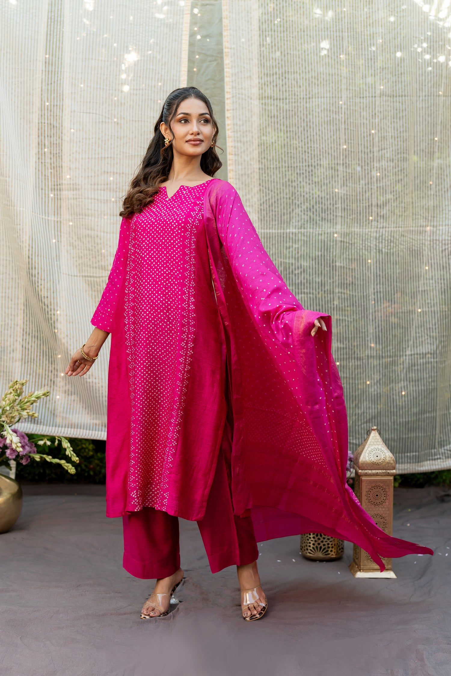 Ray Ethnic Ira | Bright Pink Muga Silk Bandhej Kurta Set of 3 with Badla Work & Matching Dupatta